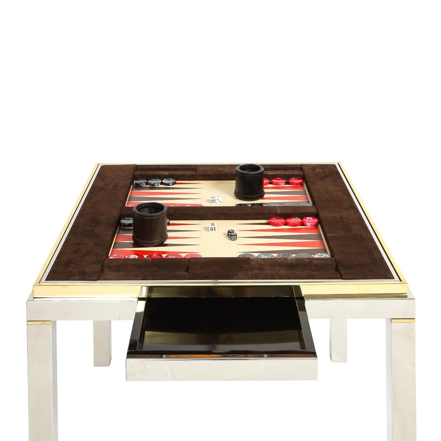 Rare and exceptional game table, model The WR Tric Trac, in polished chrome and brass with reversible top with brown suede and hand-set leather backgammon table by Willie Rizzo, Italian 1970's. This table has been professionally restored, brass and