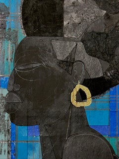 Profilo, donna di profilo, orecchini, collage di carta ritagliata con elementi disegnati a mano