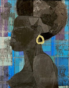 Profile, woman in profile, earrings, cut paper collage w hand drawn elements