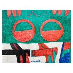 Vintage Willie White Untitled Green and Red Abstract with Animal