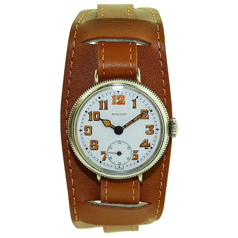 Willig Nickel Silver Art Deco Campaign Style Watch, circa 1915 with Enamel Dial 1