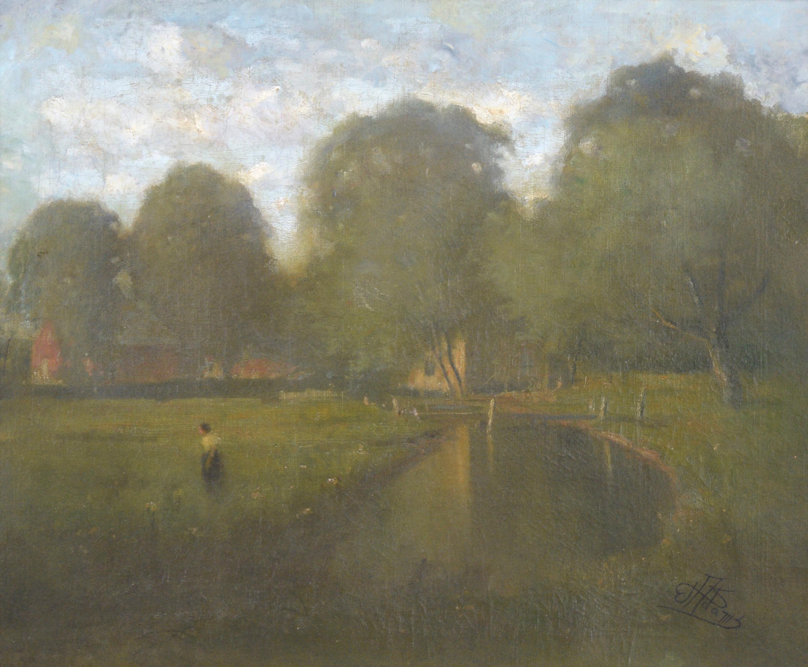 Late 19th Century Tonalist Landscape -- Afternoon by the Pond - Painting by Willis Seaver Adams