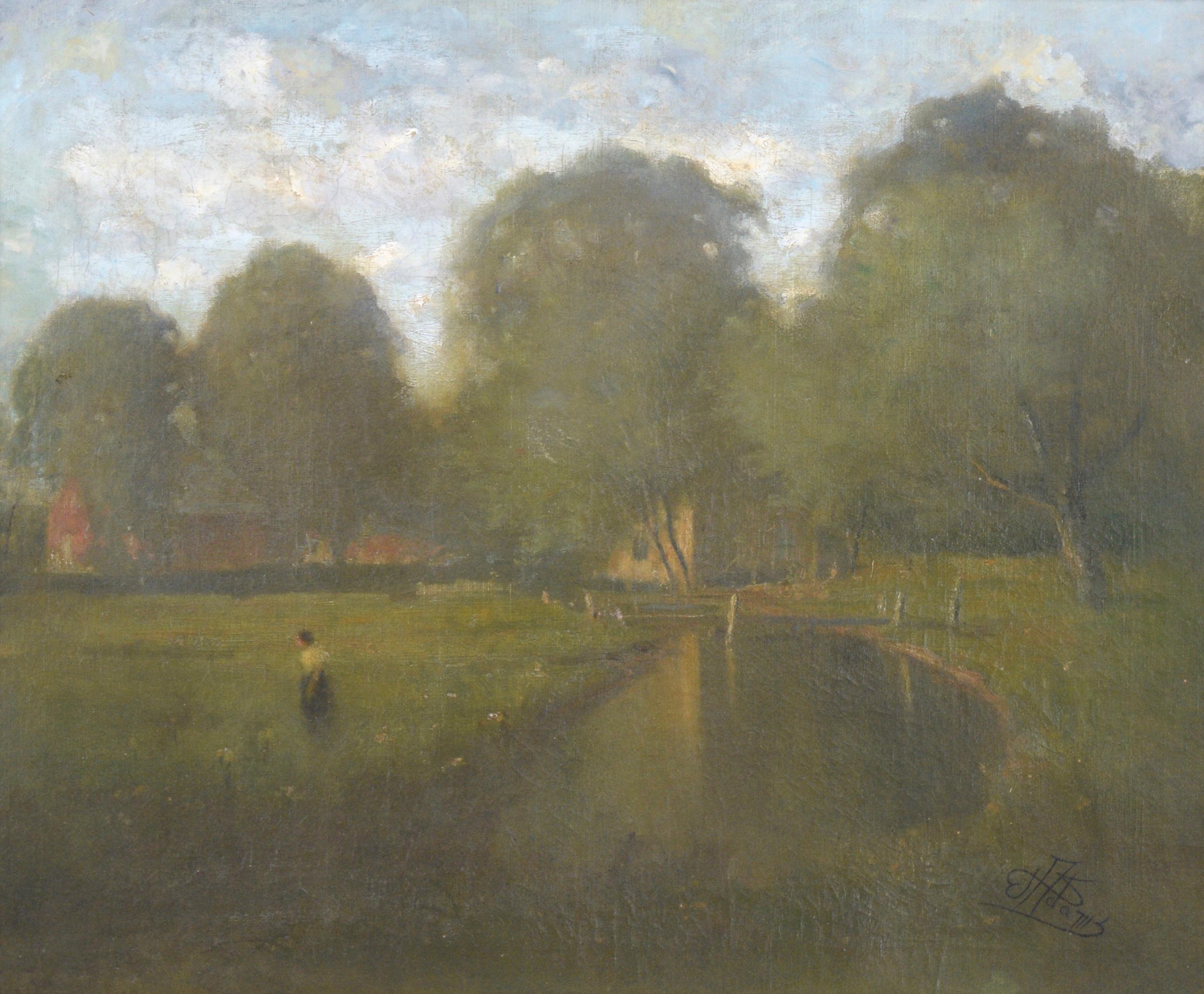 Paisaje tonalista de finales del siglo XIX -- Tarde junto al estanque - Painting de Willis Seaver Adams