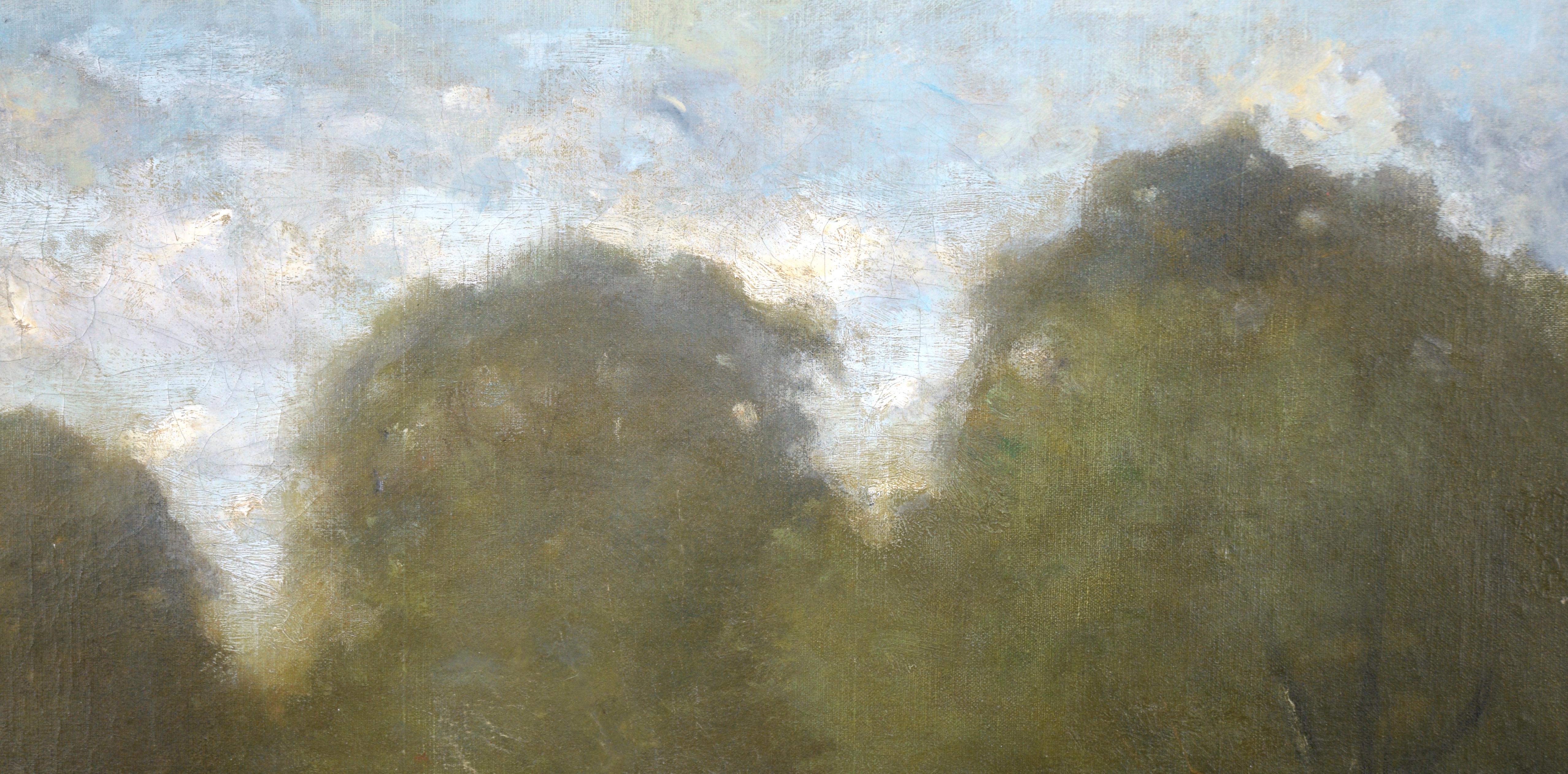 Paisaje tonalista de finales del siglo XIX -- Tarde junto al estanque - Figurative Painting Marrón de Willis Seaver Adams