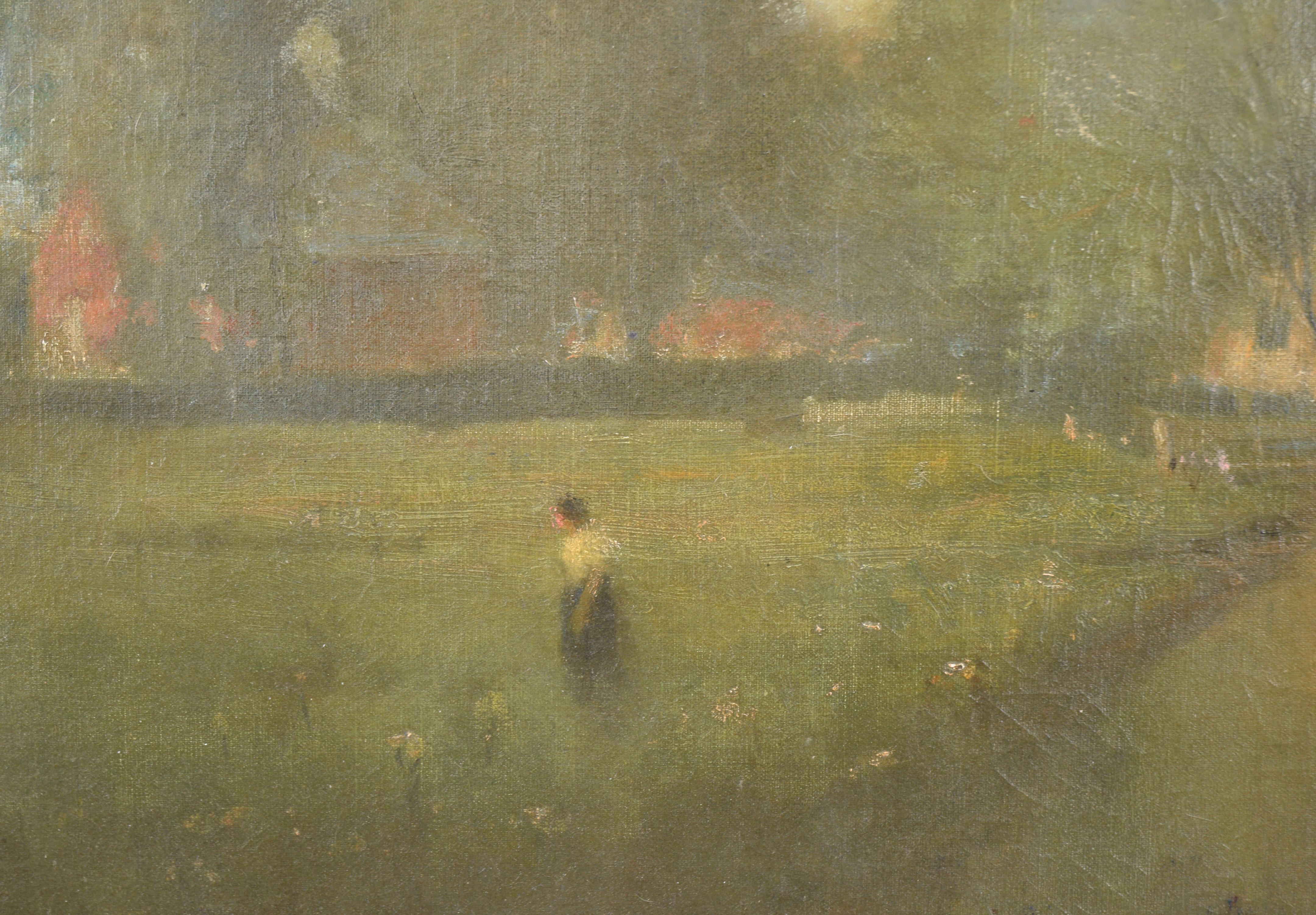 Late 19th Century Tonalist Landscape -- Afternoon by the Pond - Brown Figurative Painting by Willis Seaver Adams