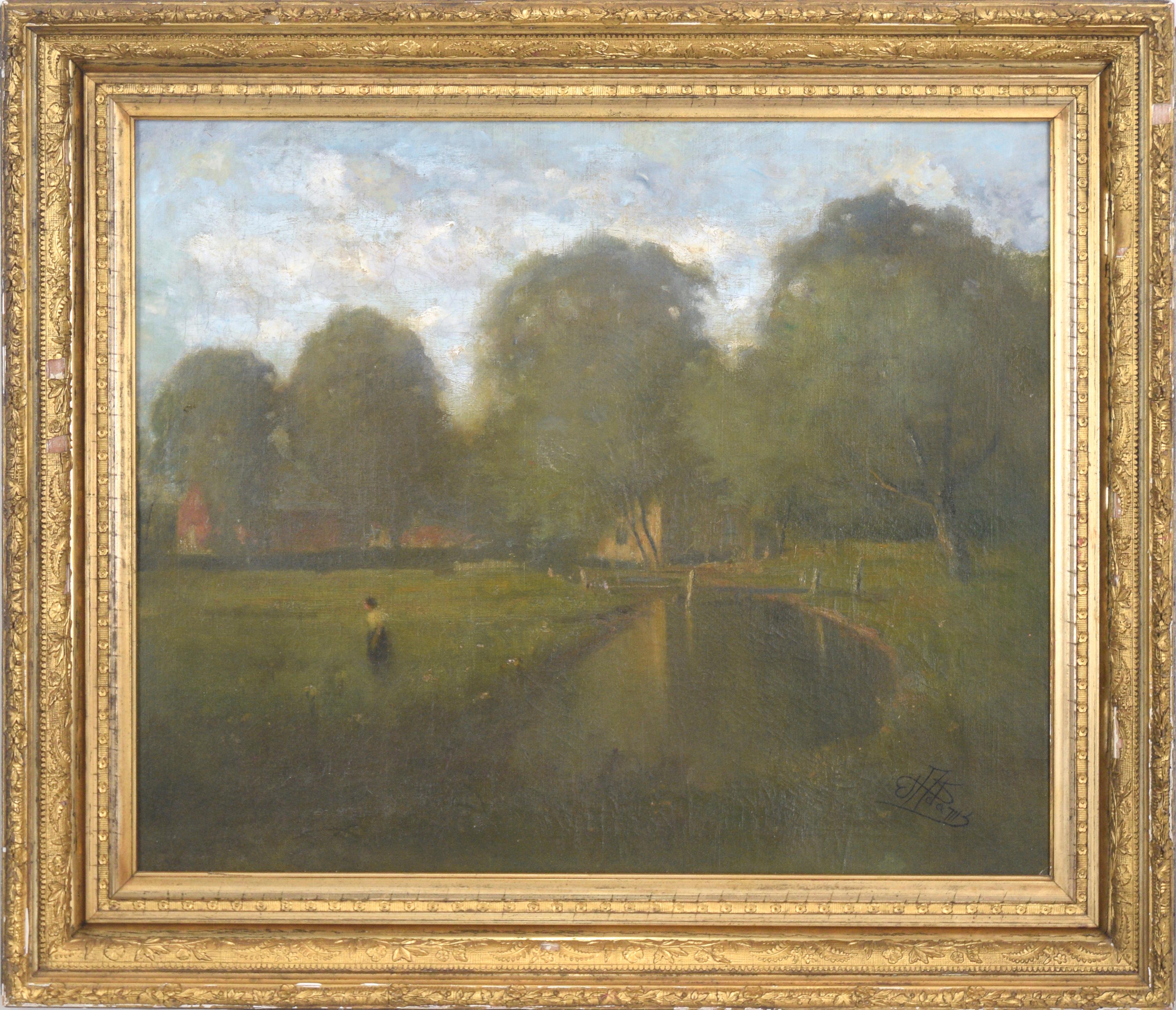 Willis Seaver Adams Figurative Painting – Tonalistische Landschaft des späten 19. Jahrhunderts – Afternoon by the Pond