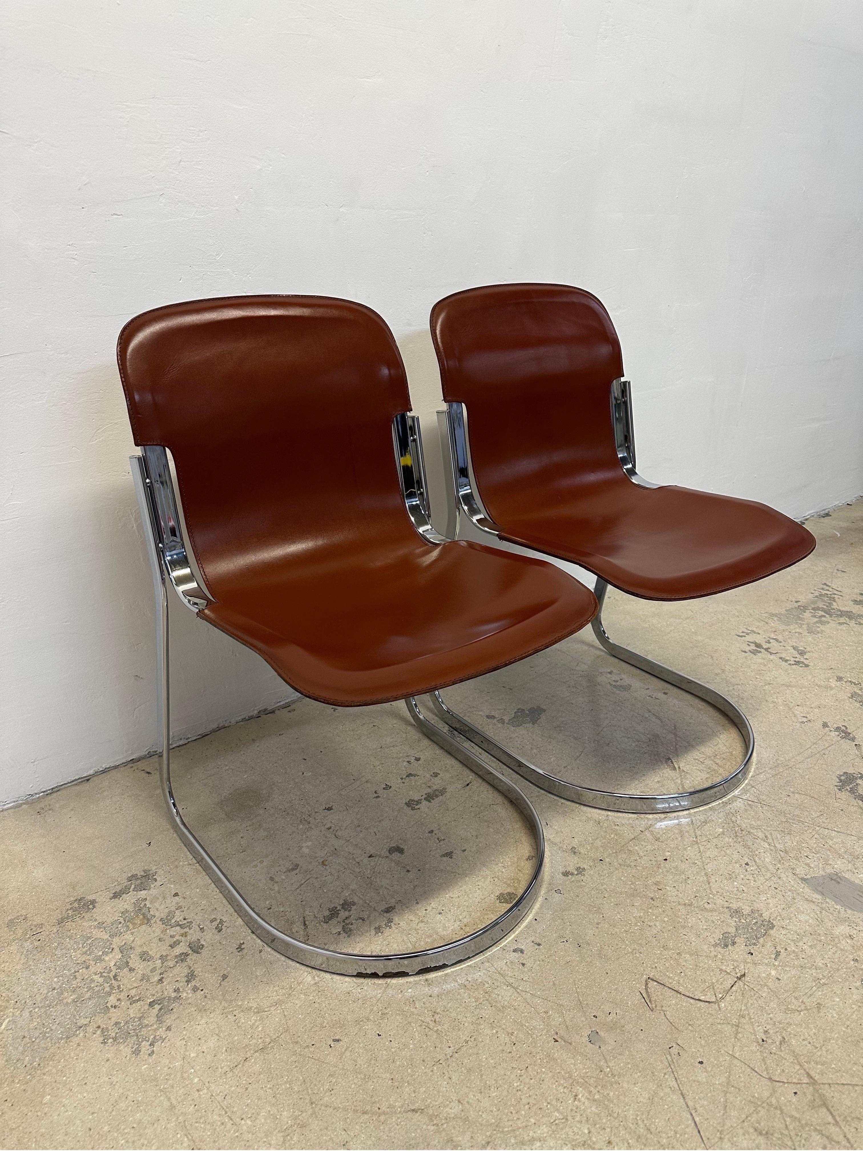 Mid-Century Modern Willow Rizzo Cantilevered Leather and Chrome Dining Chairs for Cidue  For Sale
