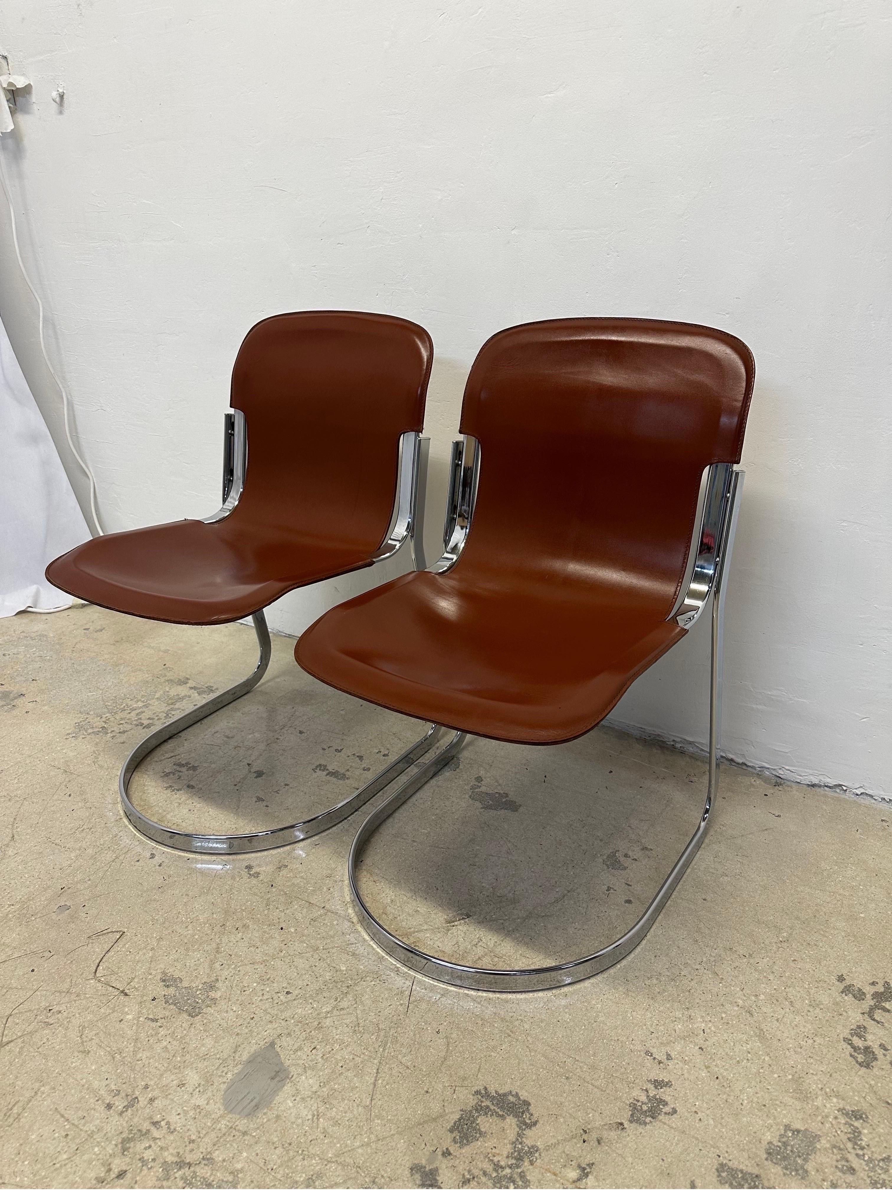 Italian Willow Rizzo Cantilevered Leather and Chrome Dining Chairs for Cidue  For Sale