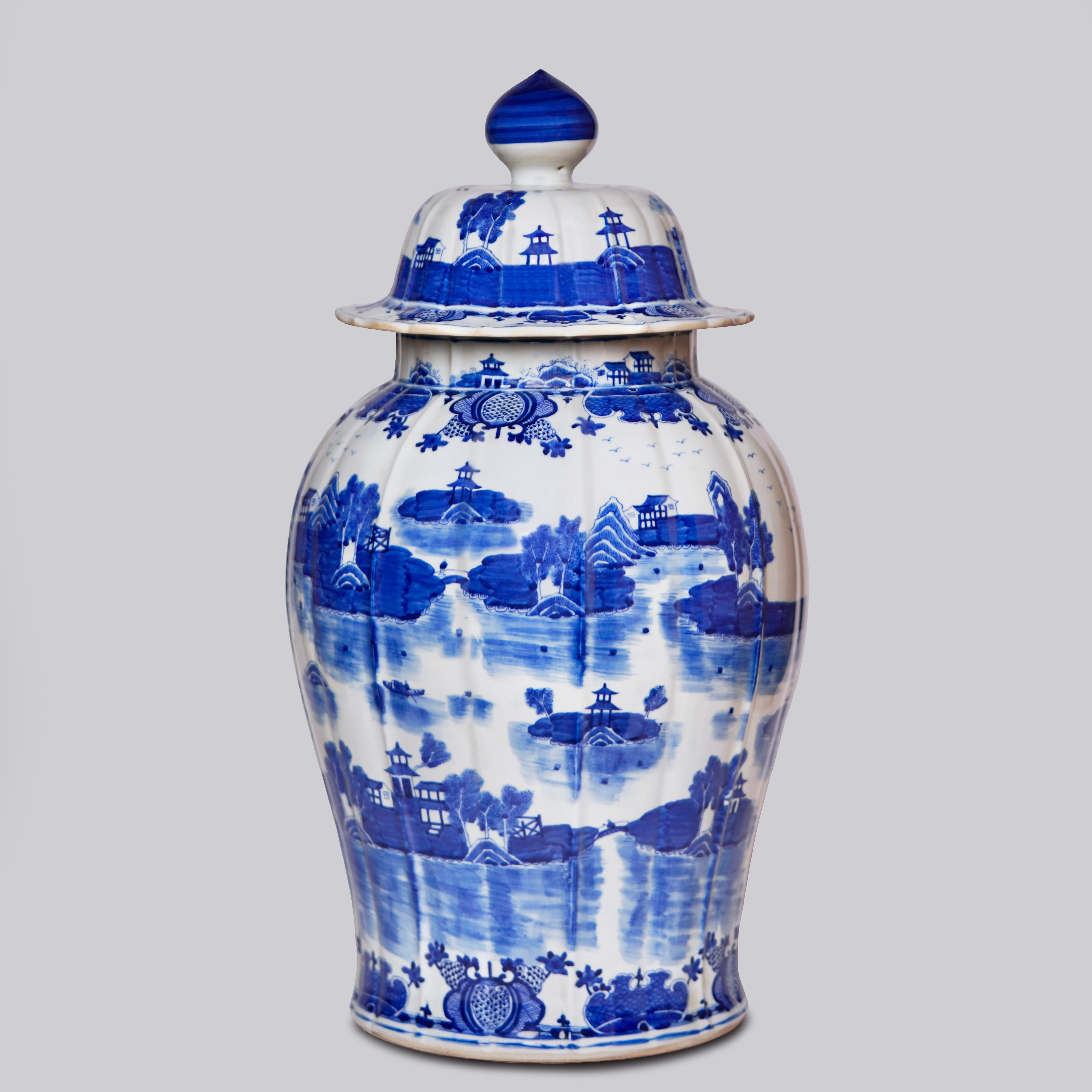 This temple jar is a traditional porcelain vessel from Jingdezhen, a town long distinguished by imperial patronage. The ribbed 