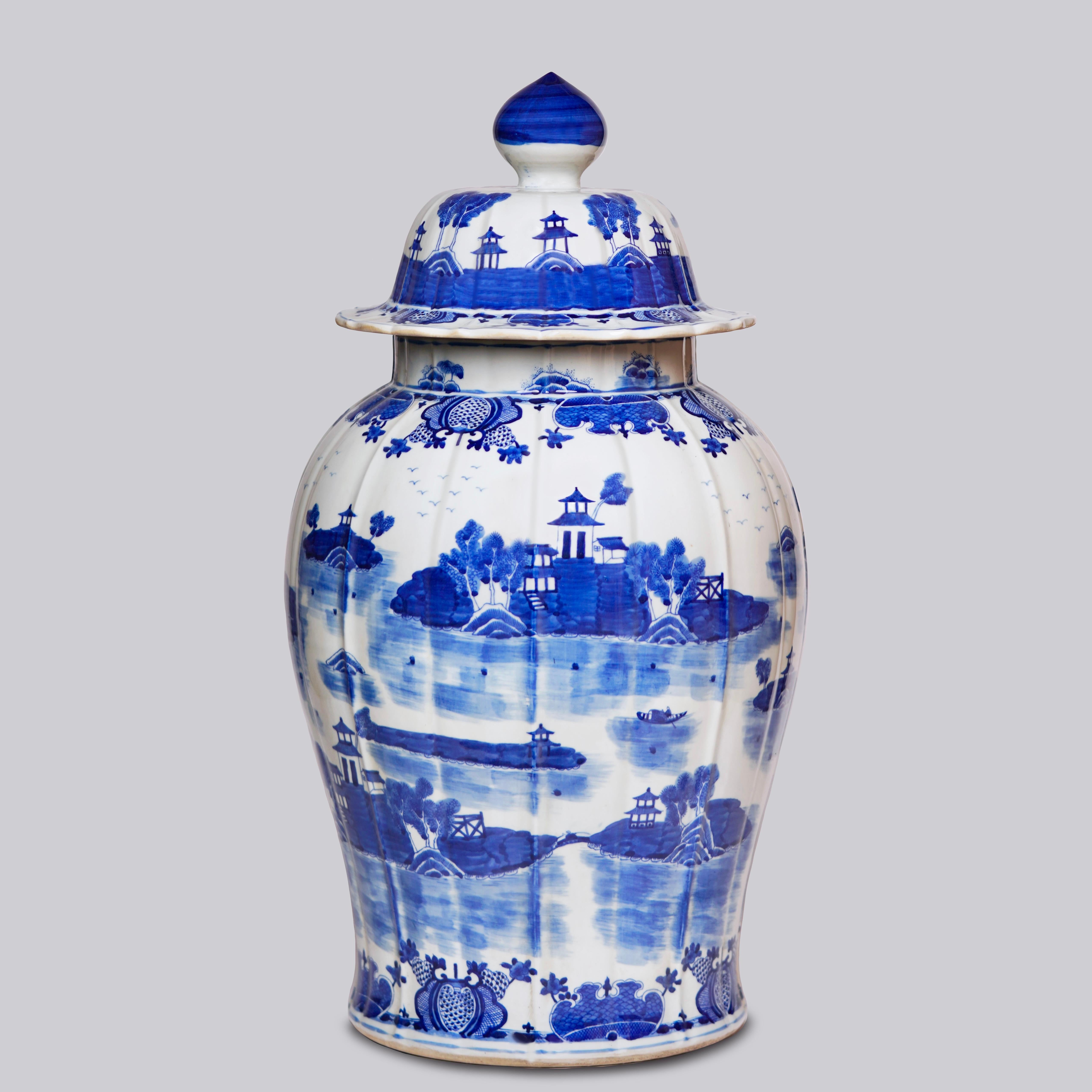 Fired Willow Ware Blue and White Porcelain Ribbed Temple Jar For Sale
