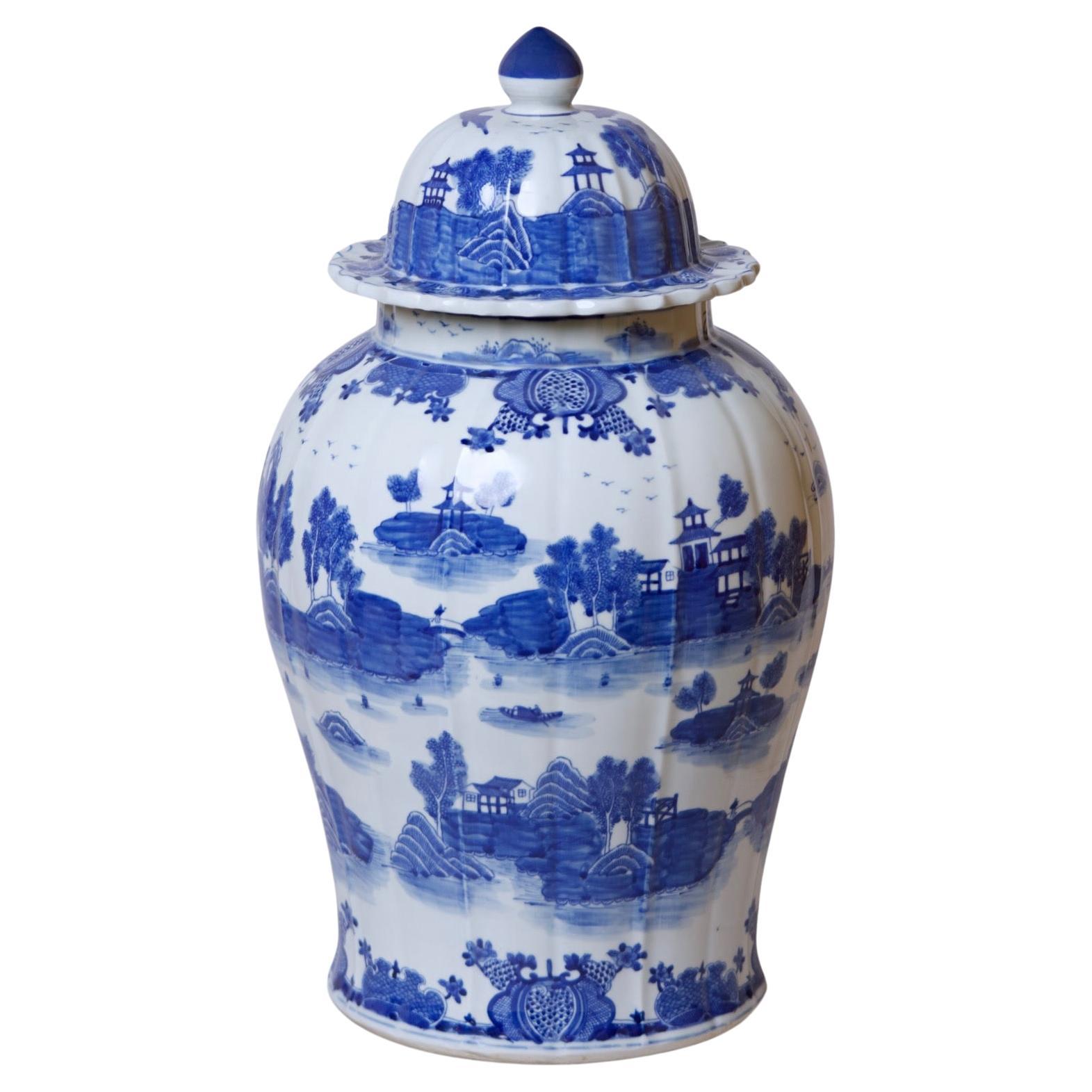 Willow Ware Blue and White Porcelain Ribbed Temple Jar For Sale