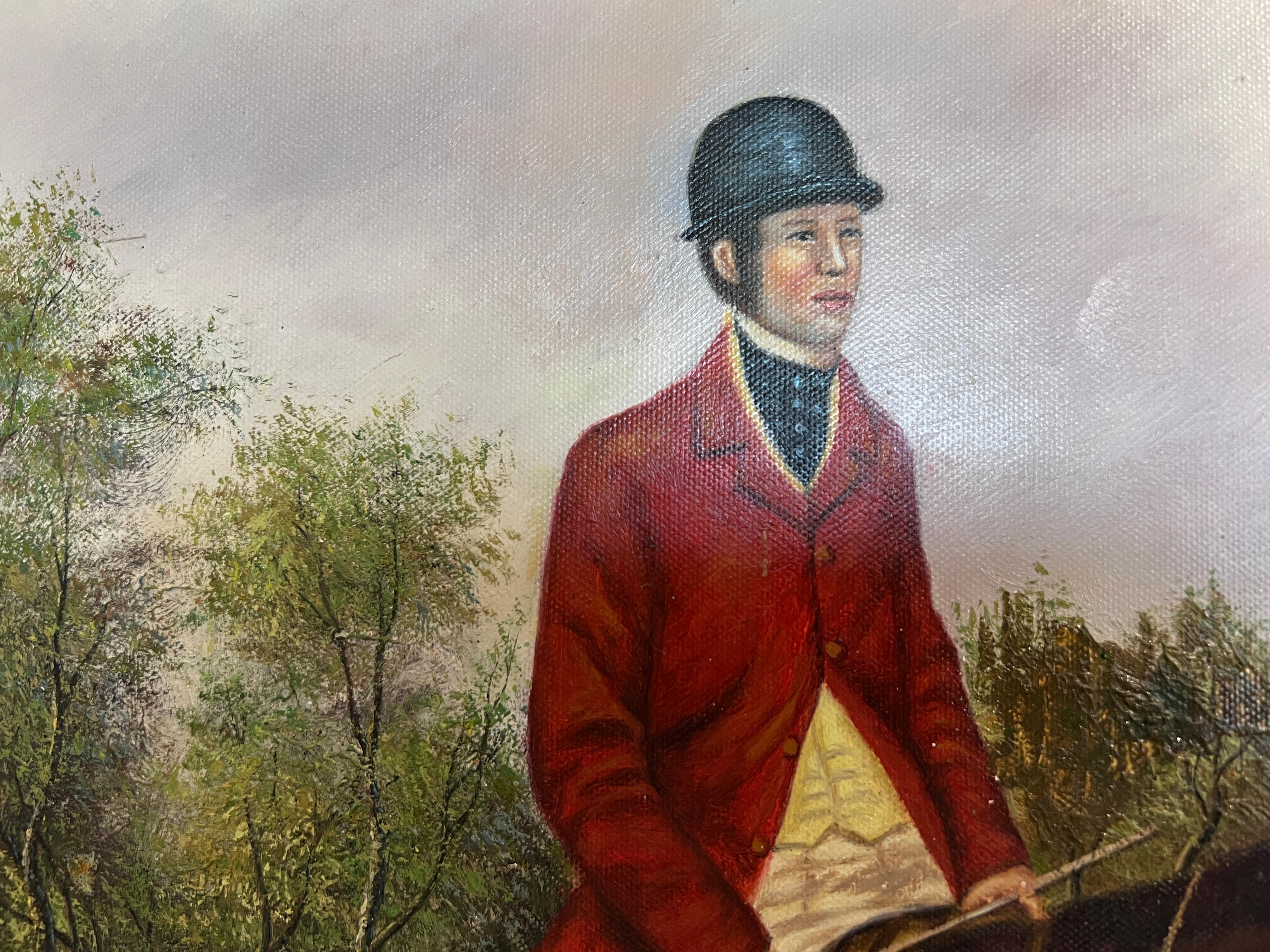 Large Painting Horses Fox Hunting Scene with Hounds Signed Willson Framed For Sale 9