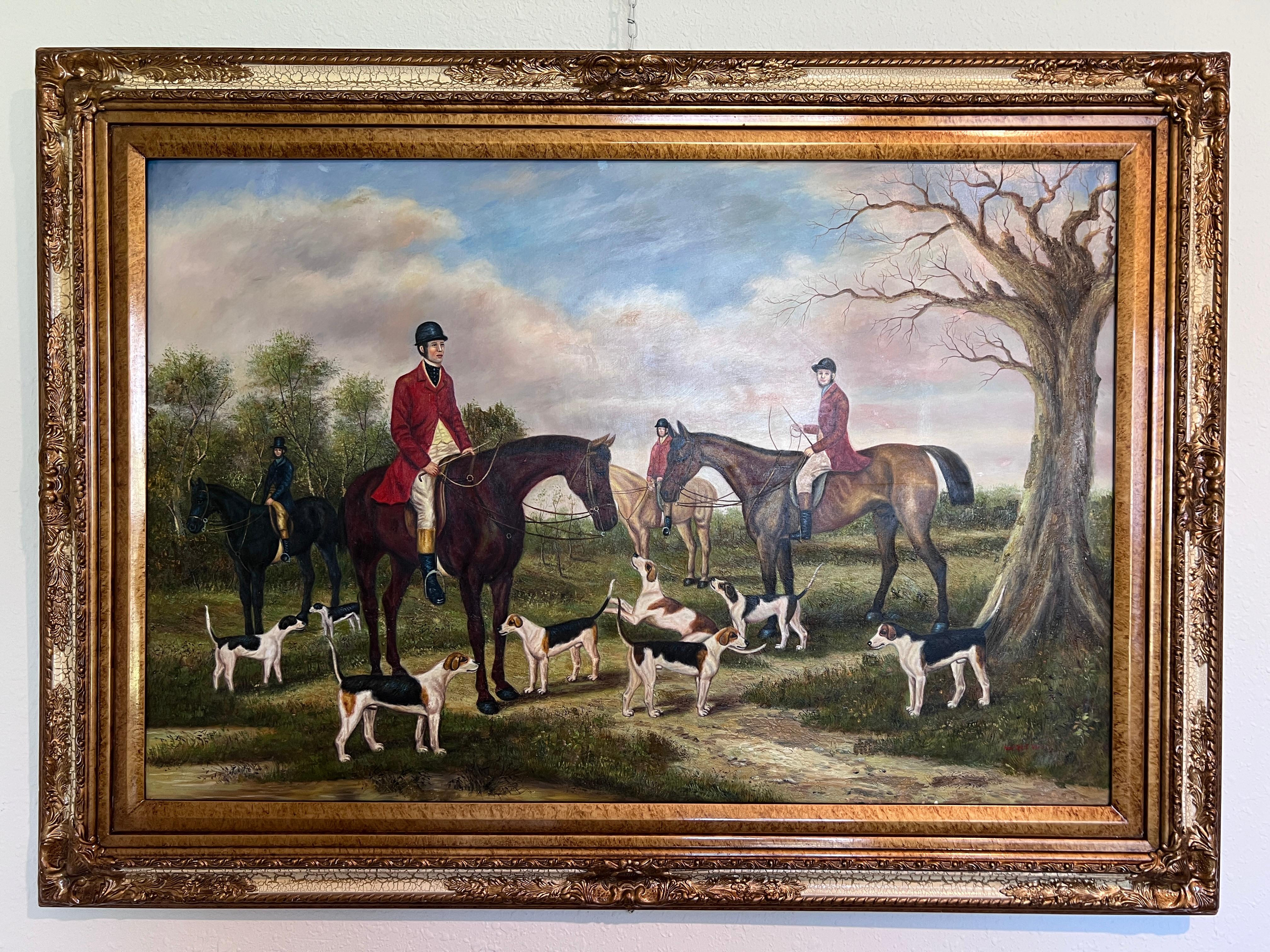 Large Painting Horses Fox Hunting Scene with Hounds Signed Willson Framed - Brown Landscape Painting by willson