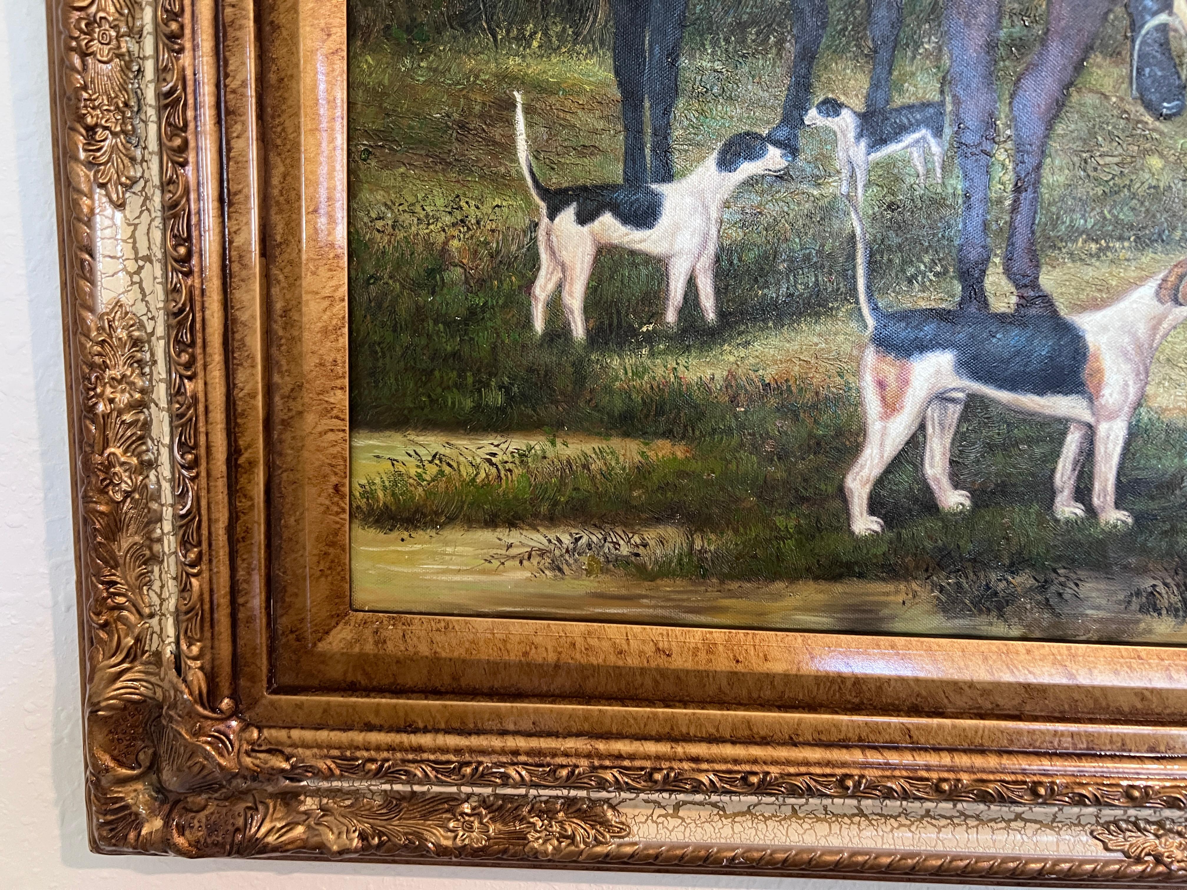 Large Painting Horses Fox Hunting Scene with Hounds Signed Willson Framed For Sale 1