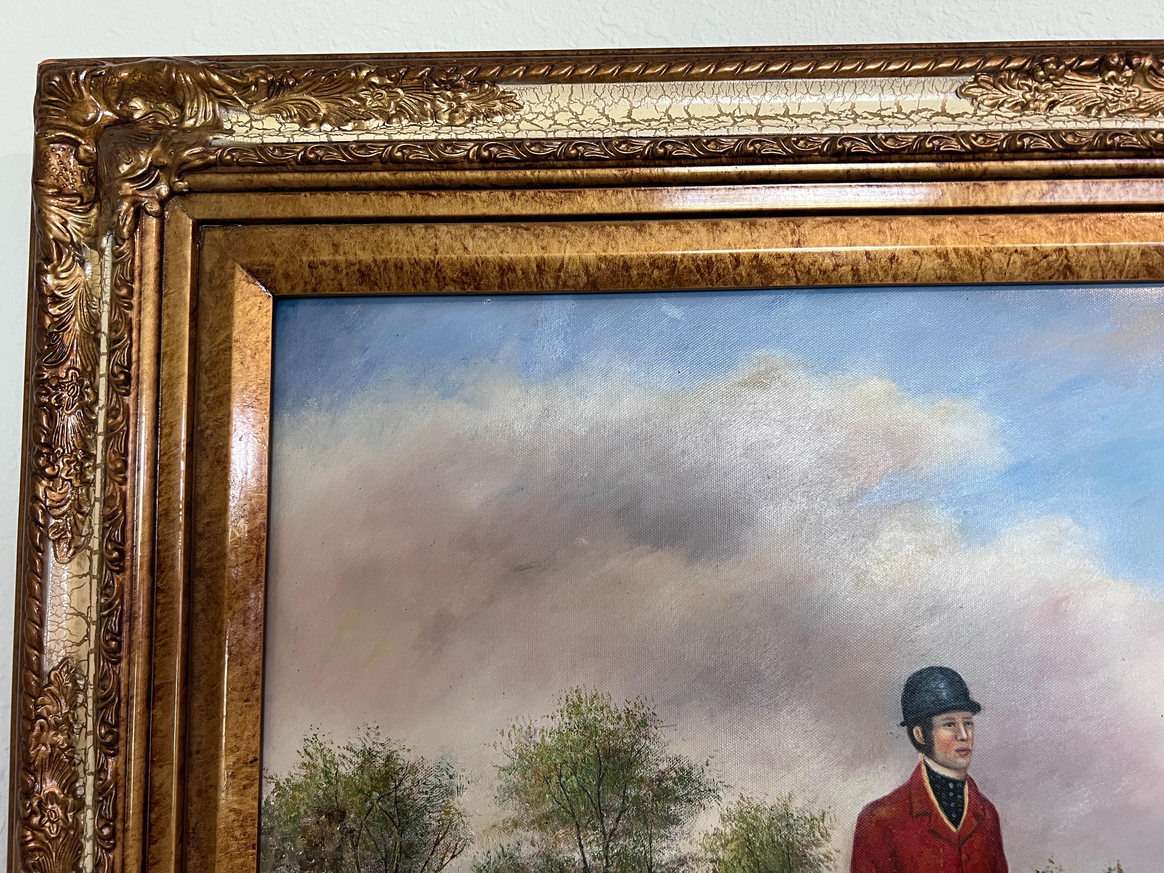 Large Painting Horses Fox Hunting Scene with Hounds Signed Willson Framed For Sale 2