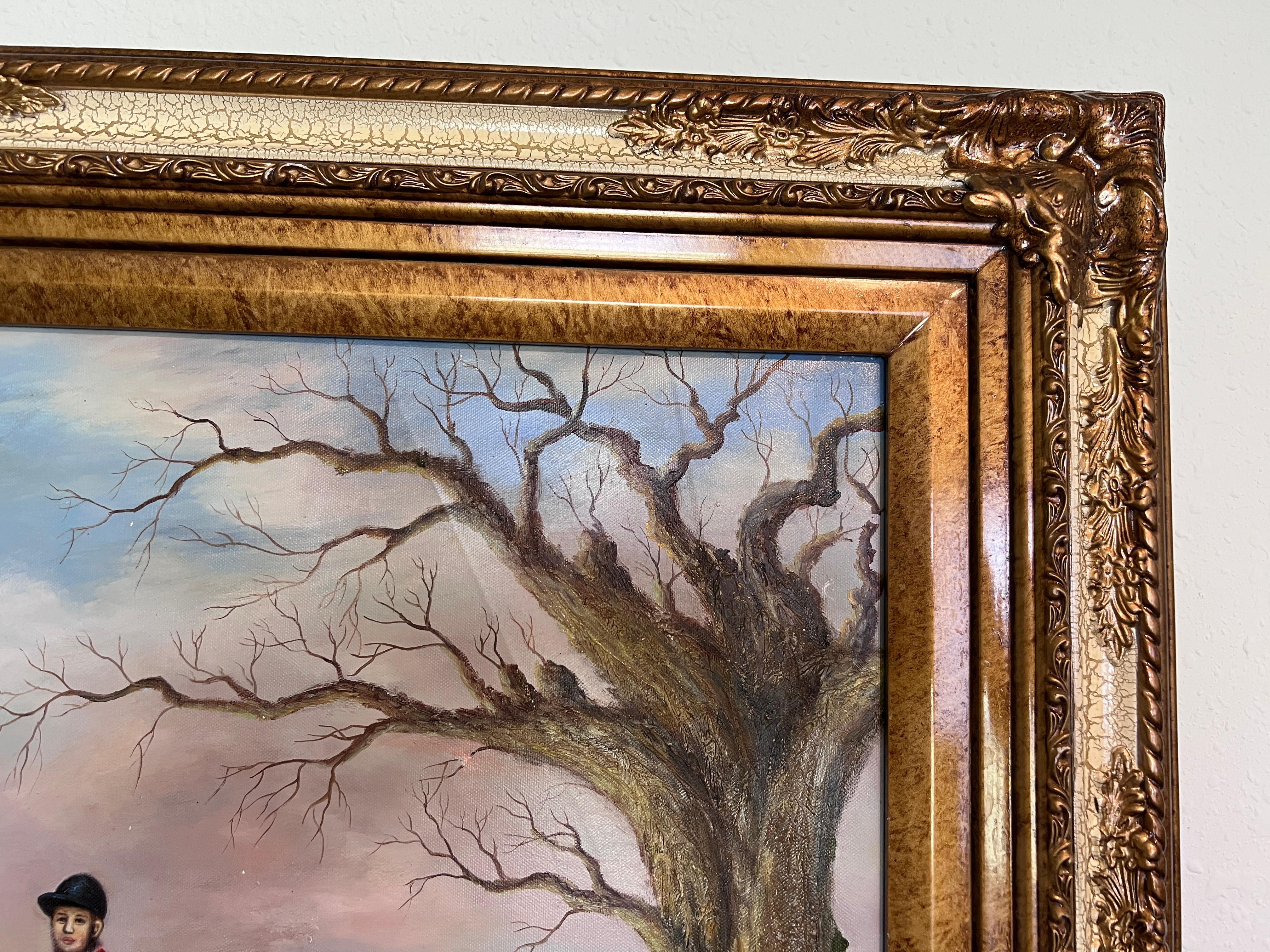 Large Painting Horses Fox Hunting Scene with Hounds Signed Willson Framed For Sale 3