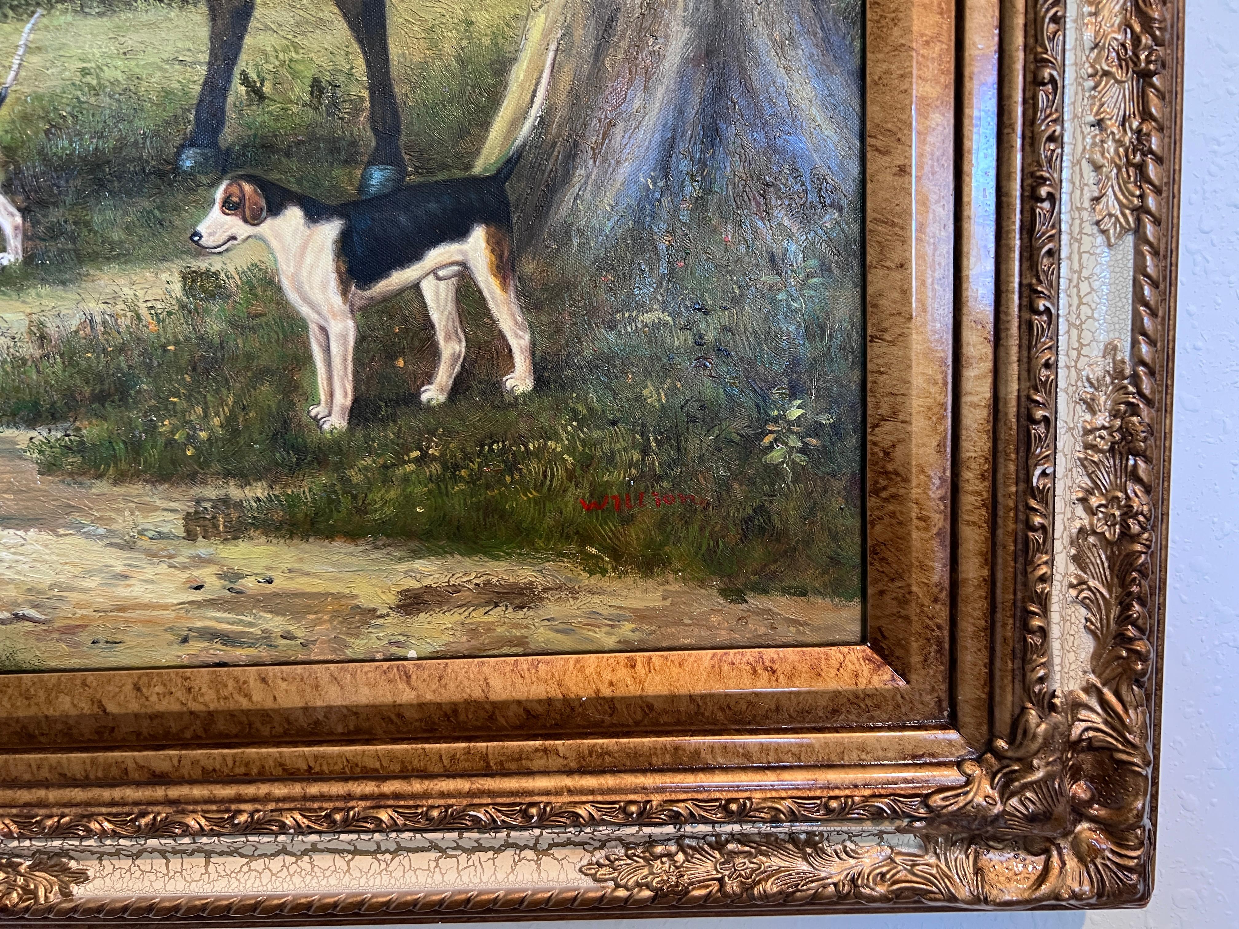 Large Painting Horses Fox Hunting Scene with Hounds Signed Willson Framed For Sale 4