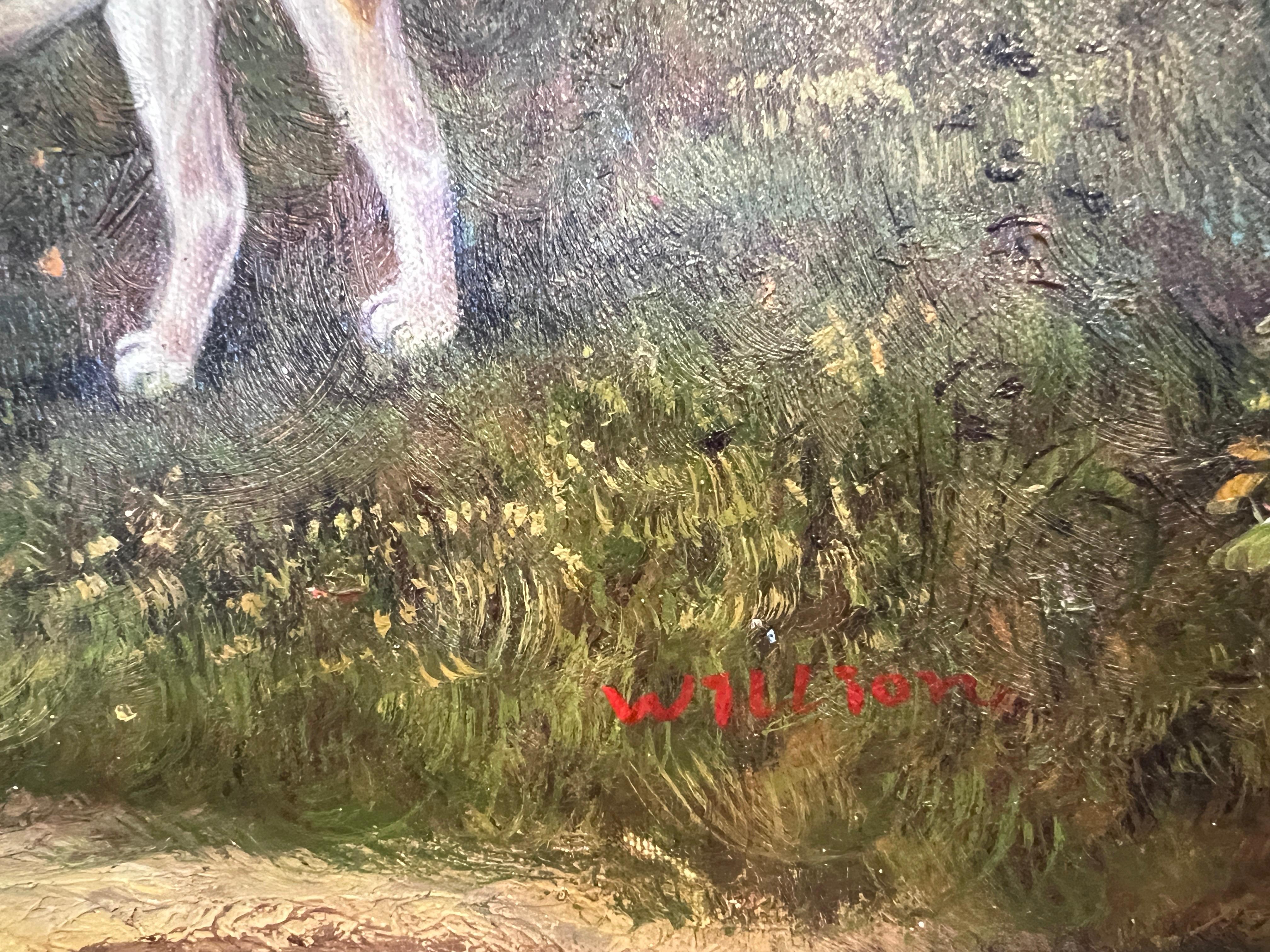 Large Painting Horses Fox Hunting Scene with Hounds Signed Willson Framed For Sale 5