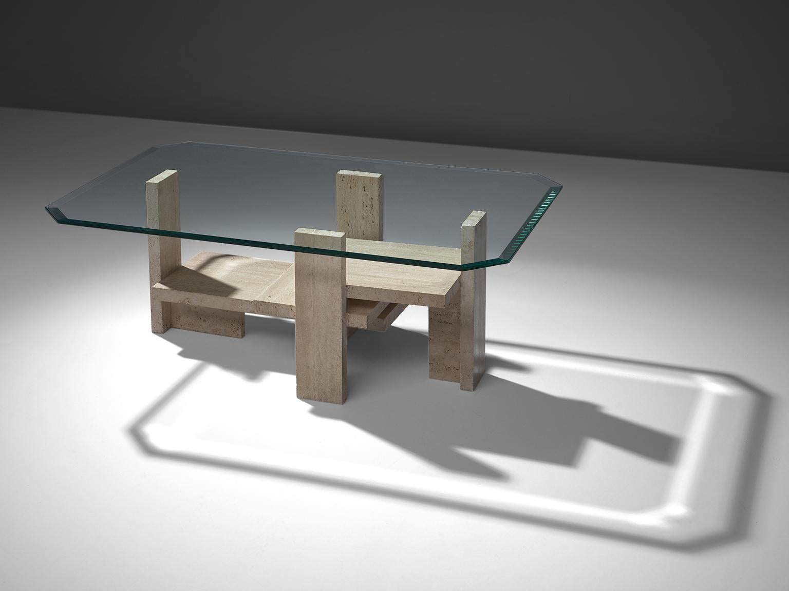 Willy Ballez, coffee table, travertine, glass, Belgium, 1970. 

This sculptural table is a skilful example of postmodern design by the Belgian designer Willy Ballez. The glass and travertine table is architectural in its design is it is built up