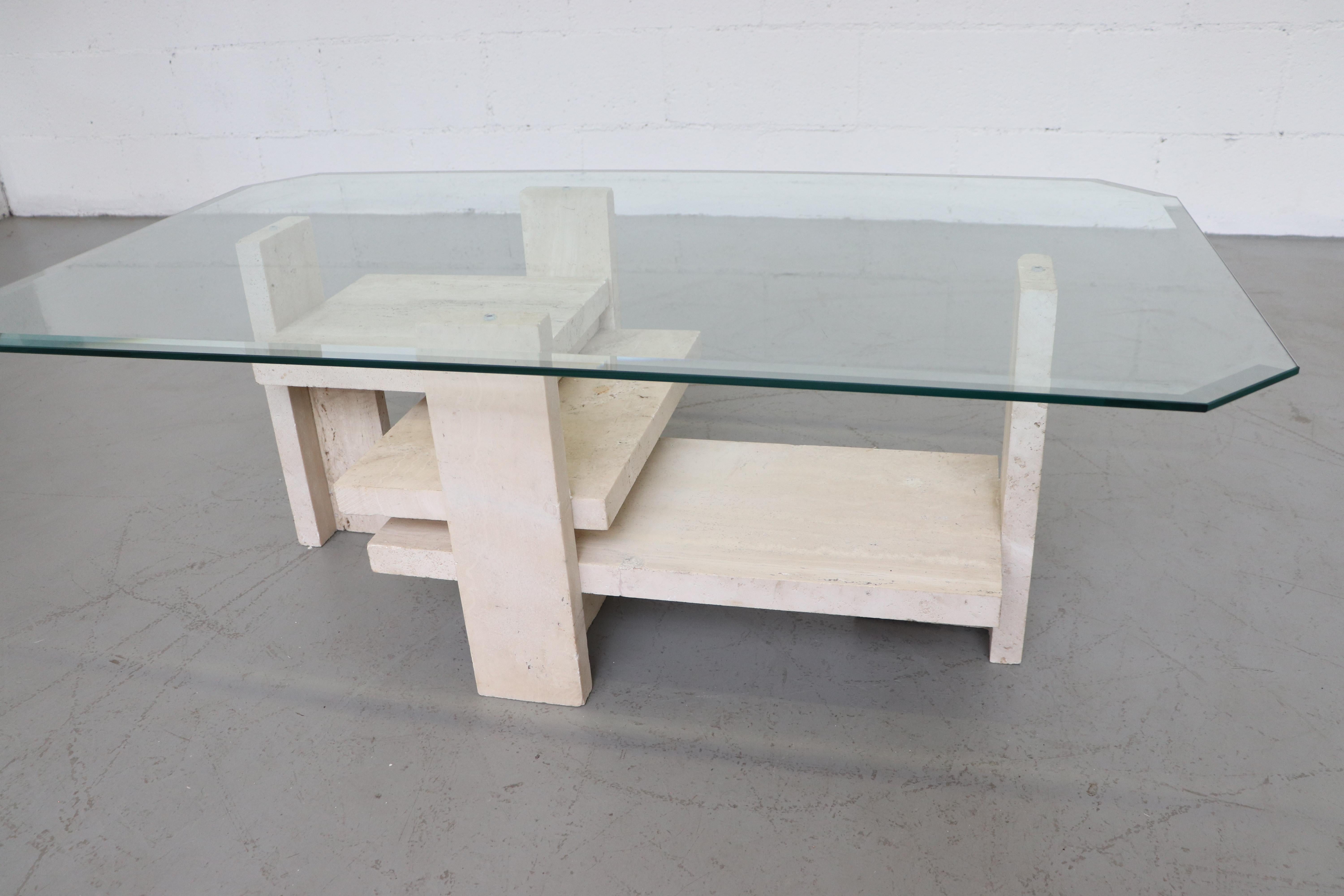 Dutch Willy Ballez Travertine and Glass Coffee Table