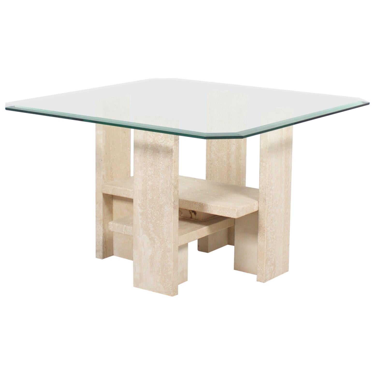 Willy Ballez Travertine and Glass End Table, Belgium For Sale