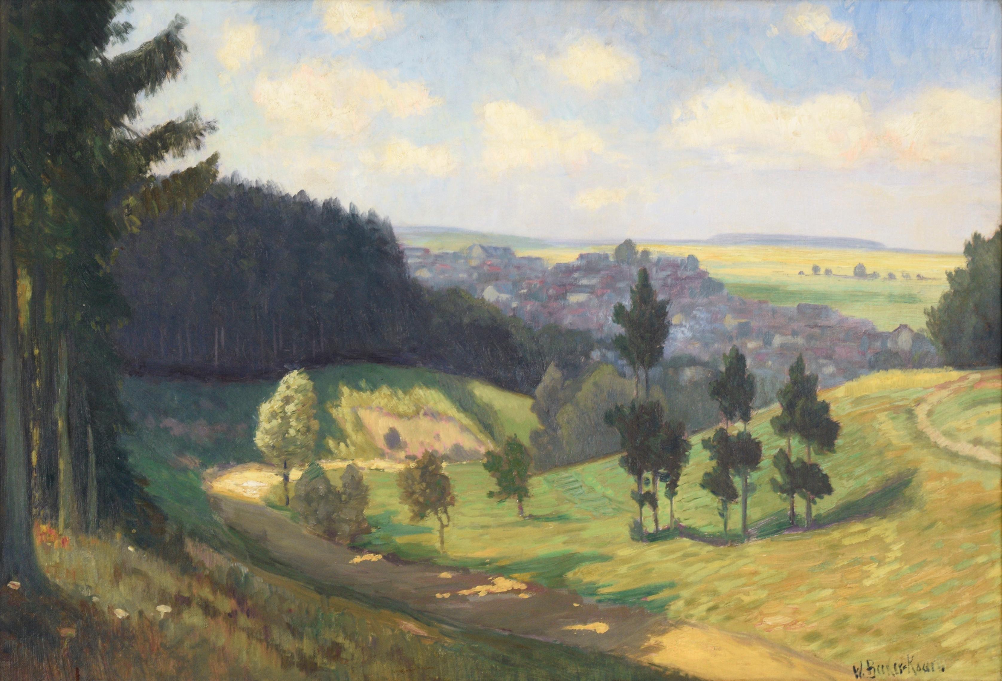Village in the Valley, Turn-of-the-Century German Impressionist Landscape - Painting by Willy Becker-Kassel
