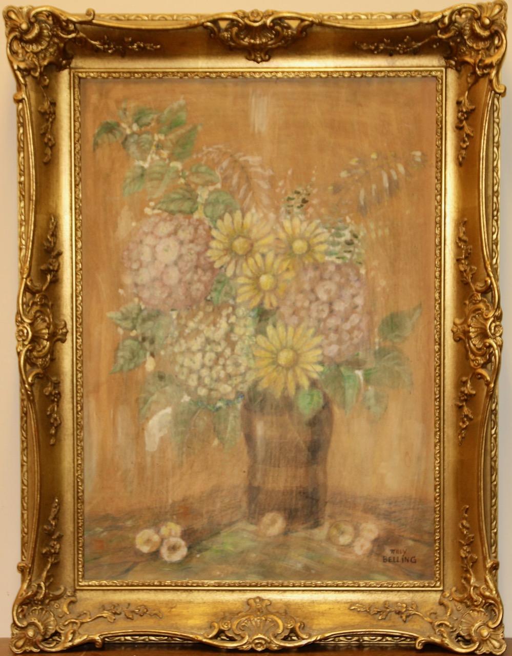 Antique Oil Paintig by Willy Belling, Still Life with Flower Vase For Sale 1