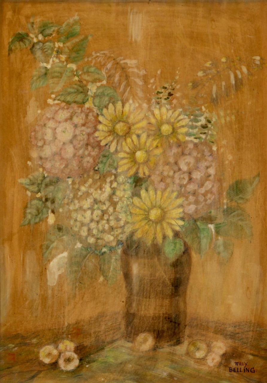 Antique Oil Paintig by Willy Belling, Still Life with Flower Vase For Sale 1