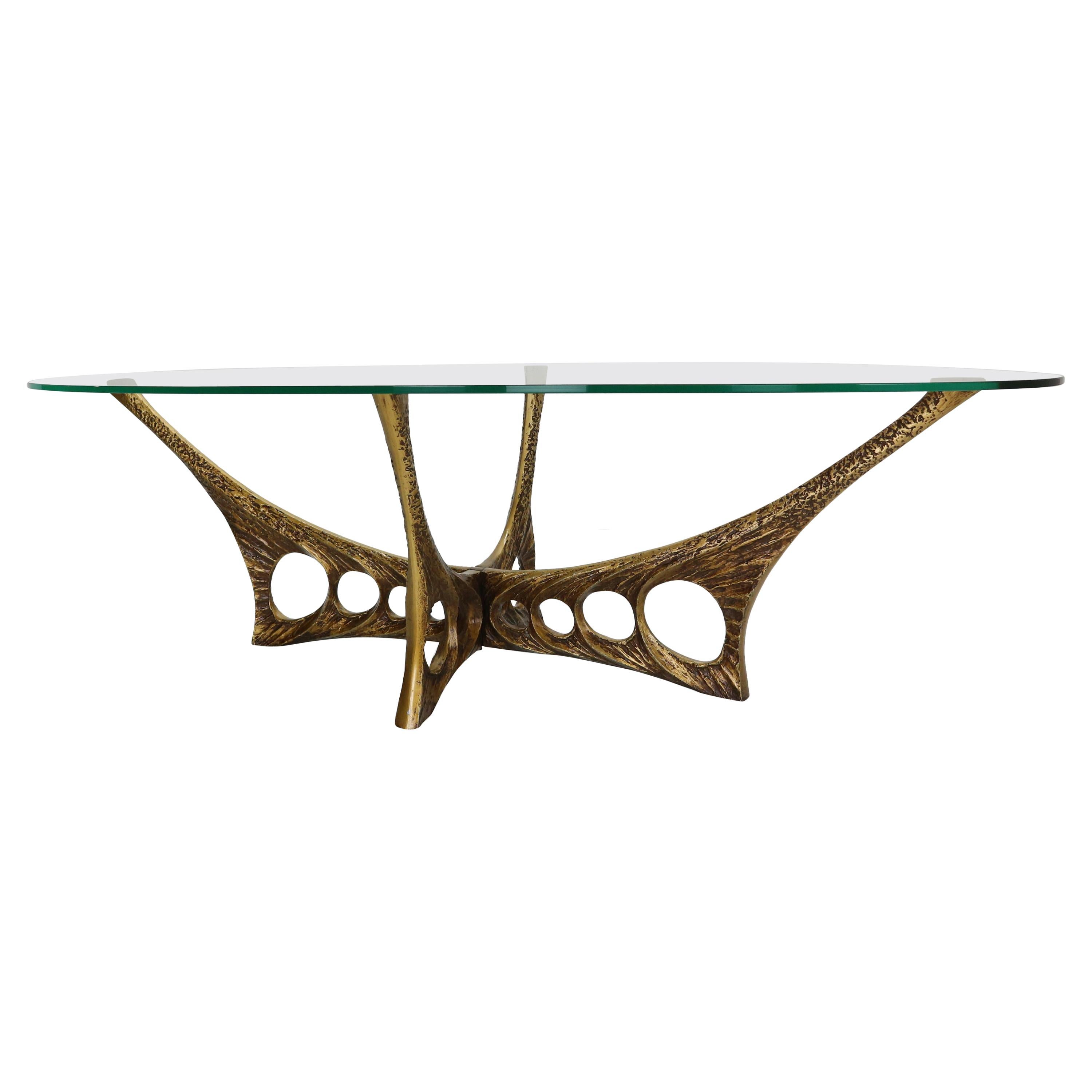 Willy Ceysens Brutalist Oval Glass and Bronze Coffee Table, 1965 Belgium