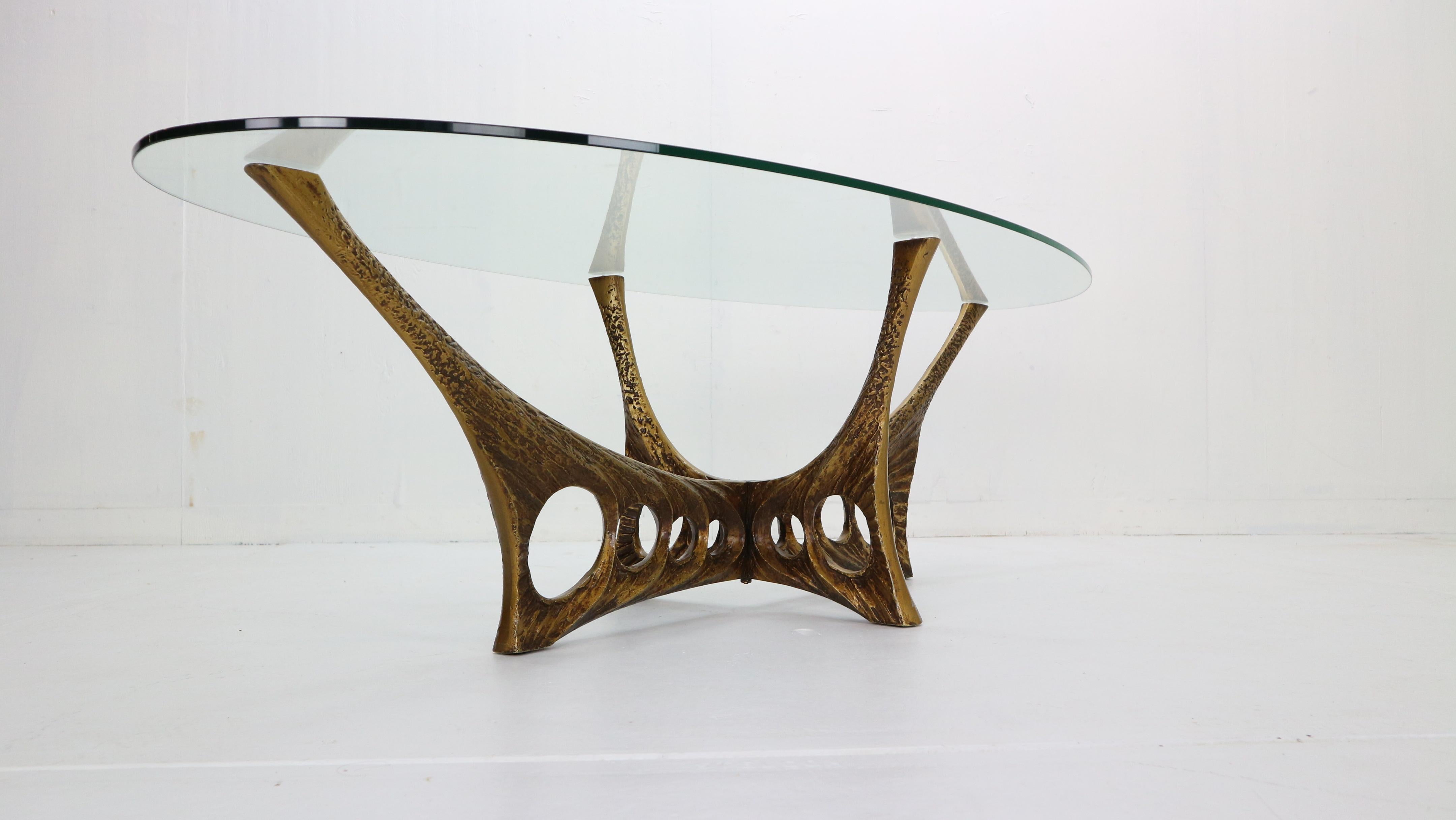 Willy Ceysens Brutalist Oval Glass and Bronze Coffee Table, 1965 Belgium 3