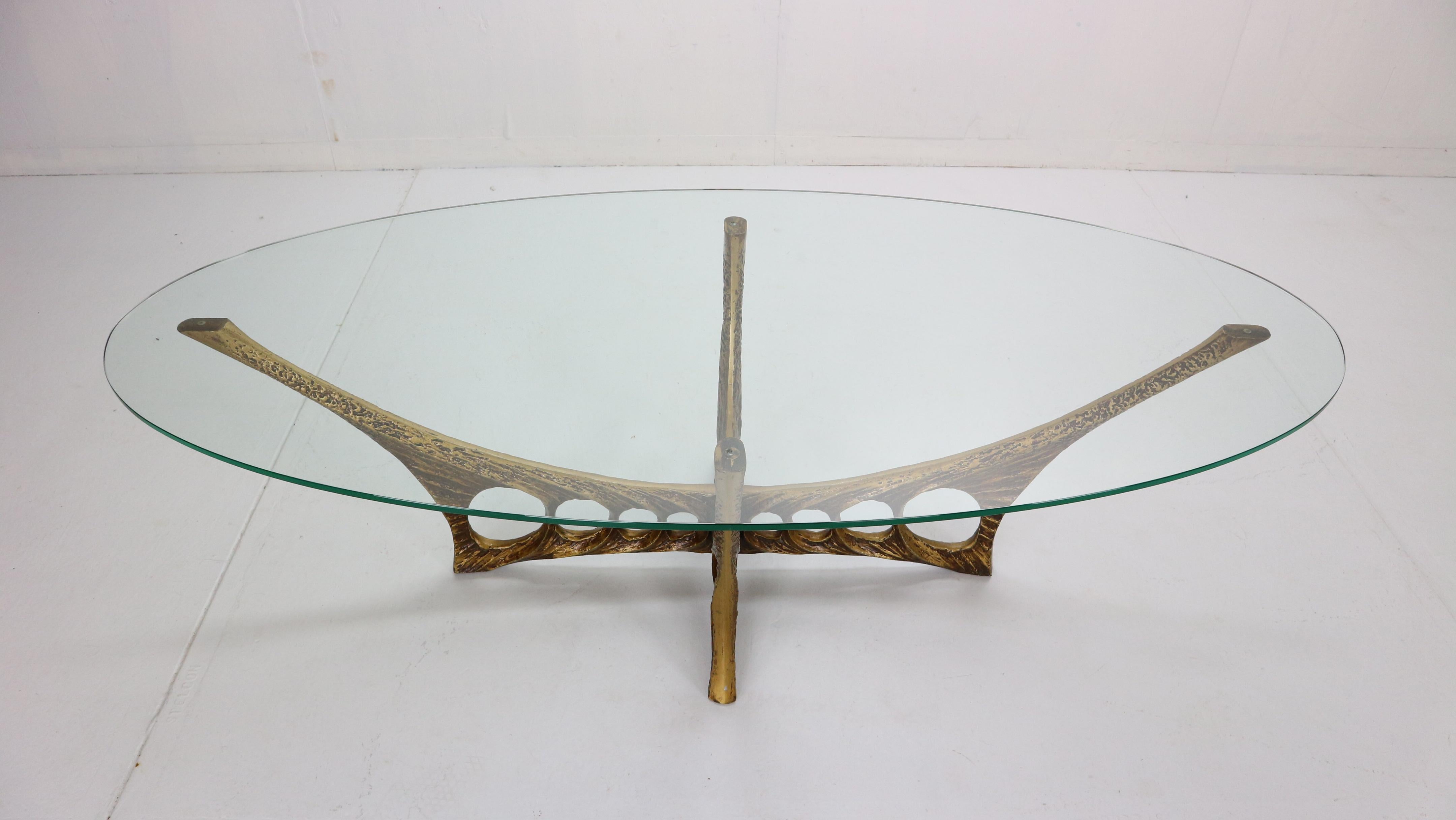 Aluminum Willy Ceysens Brutalist Oval Glass and Bronze Coffee Table, 1965 Belgium