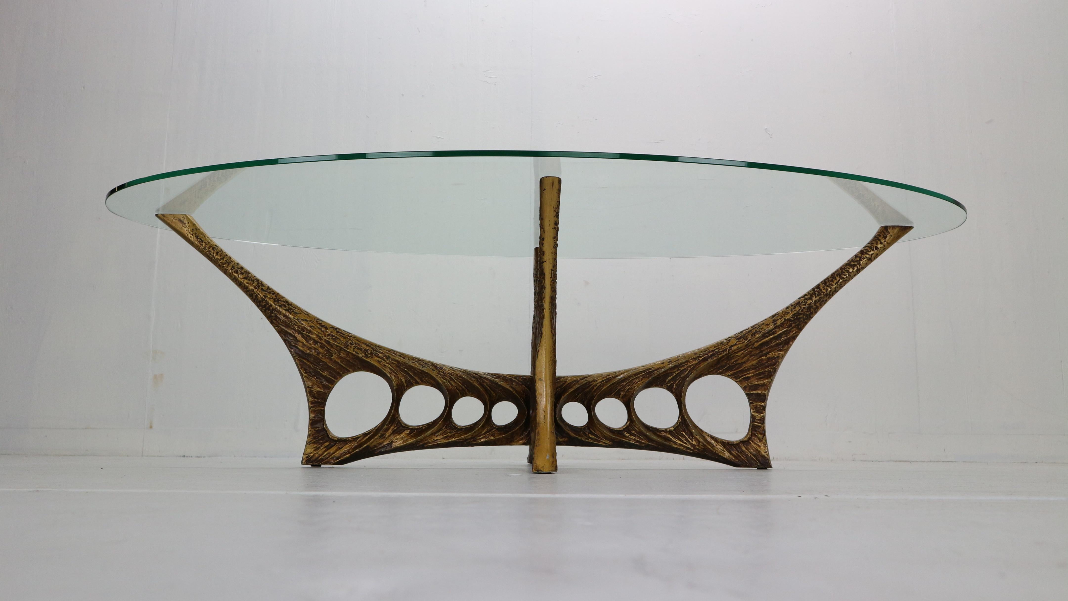 Willy Ceysens Brutalist Oval Glass and Bronze Coffee Table, 1965 Belgium 1