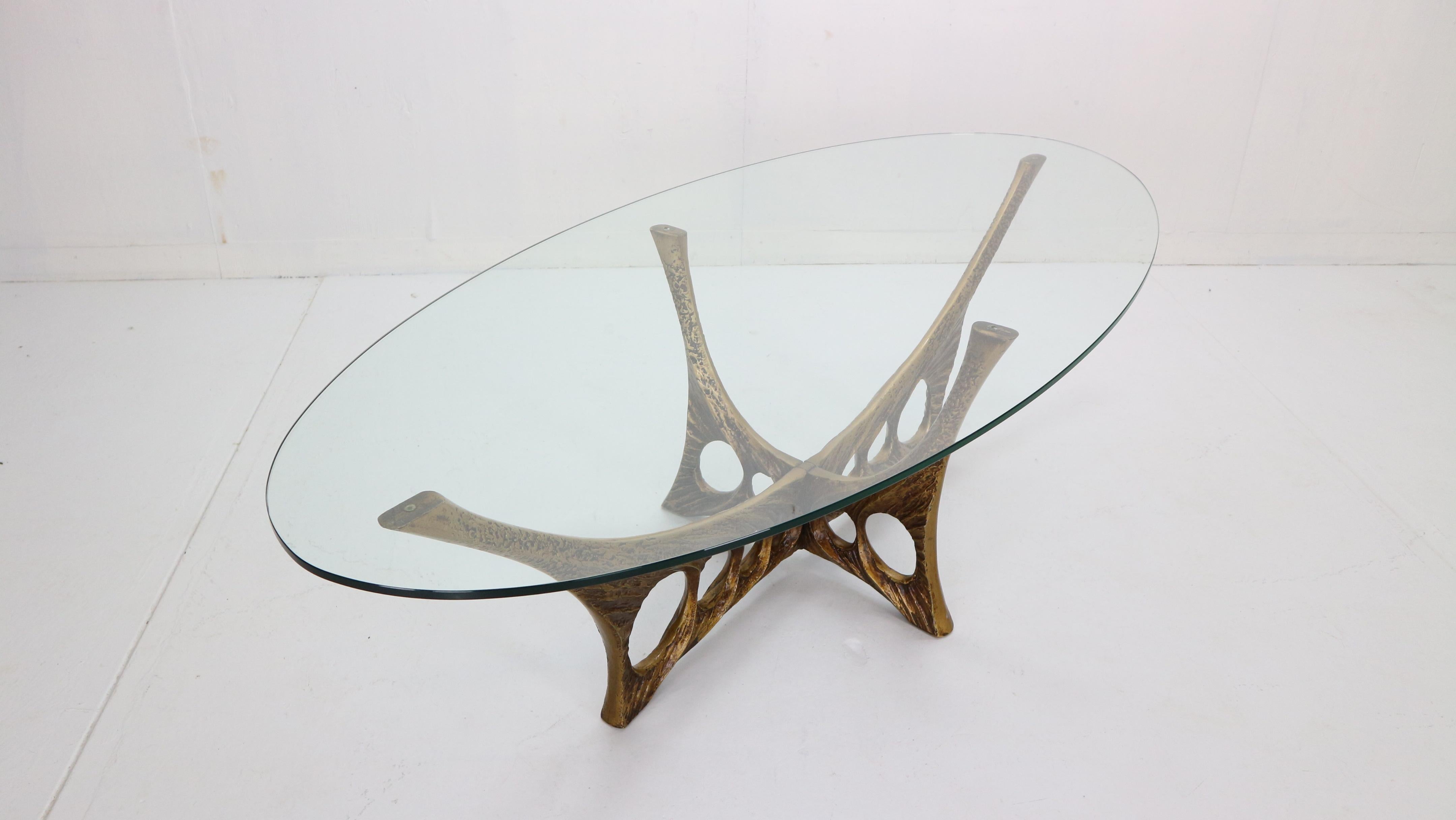 Willy Ceysens Brutalist Oval Glass and Bronze Coffee Table, 1965 Belgium 2