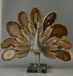Willy Daro Attributed Stone Peacock Sculpture in Vibrant Gilt Metal