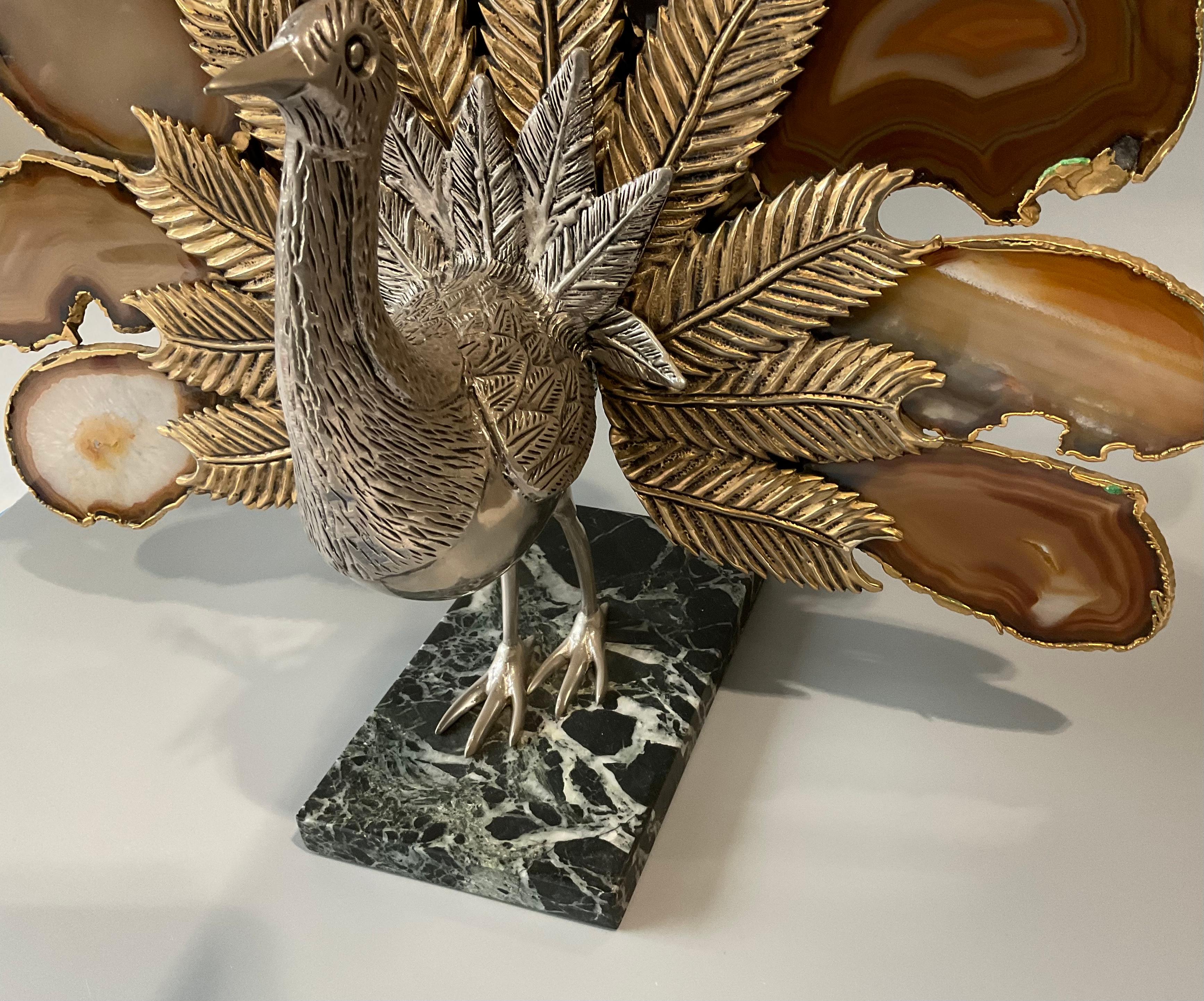 Willy Daro Attributed Stone Peacock Sculpture in Vibrant Gilt Metal In Good Condition For Sale In Ann Arbor, MI
