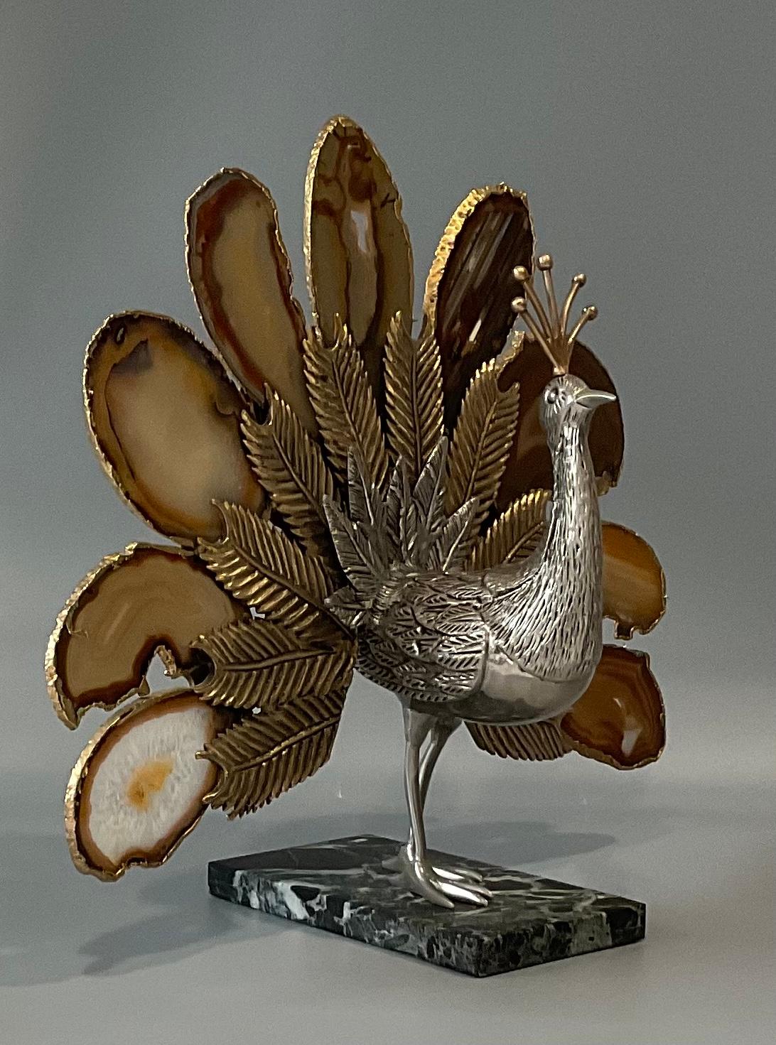 Late 20th Century Willy Daro Attributed Stone Peacock Sculpture in Vibrant Gilt Metal For Sale