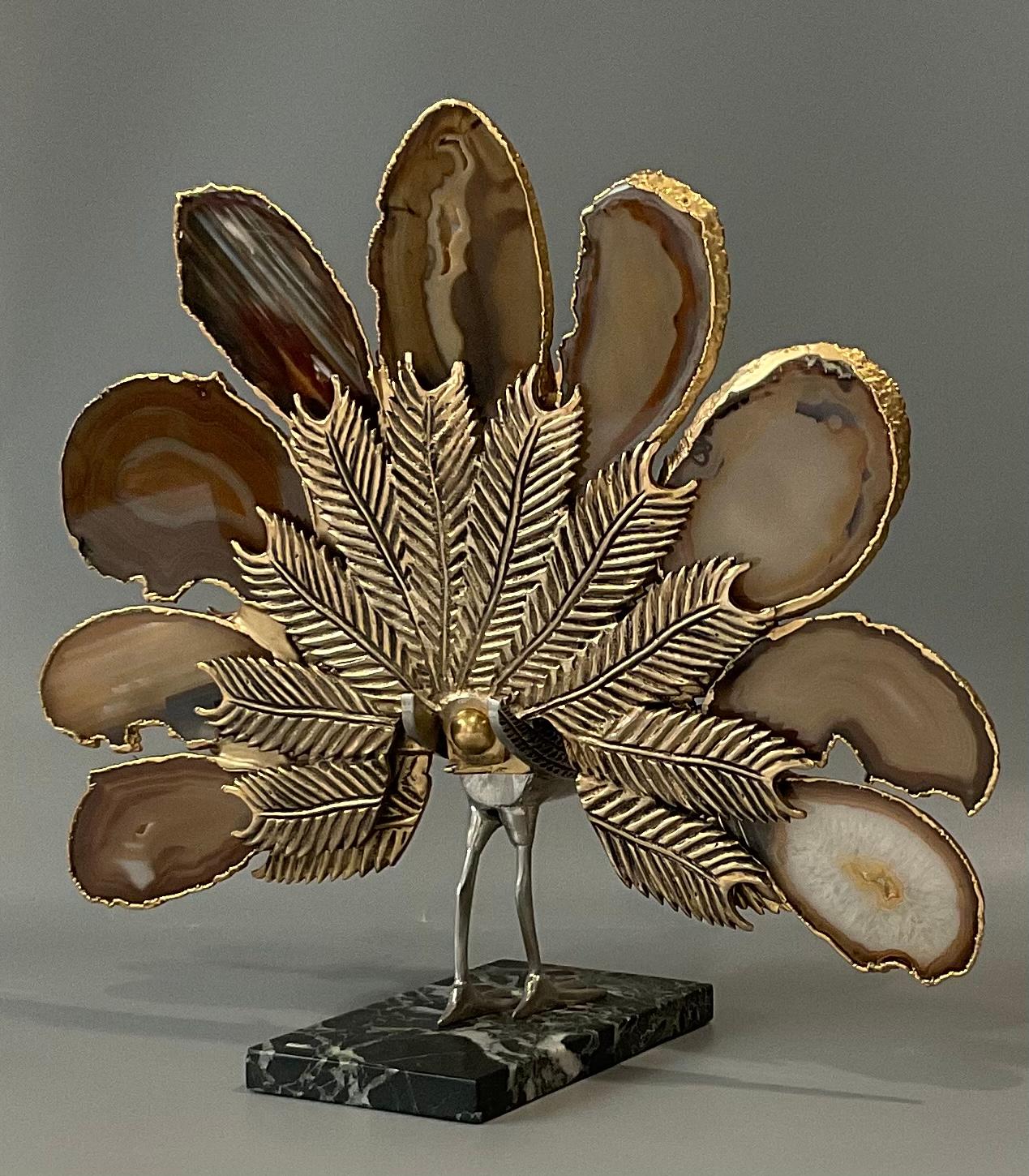 Agate Willy Daro Attributed Stone Peacock Sculpture in Vibrant Gilt Metal For Sale