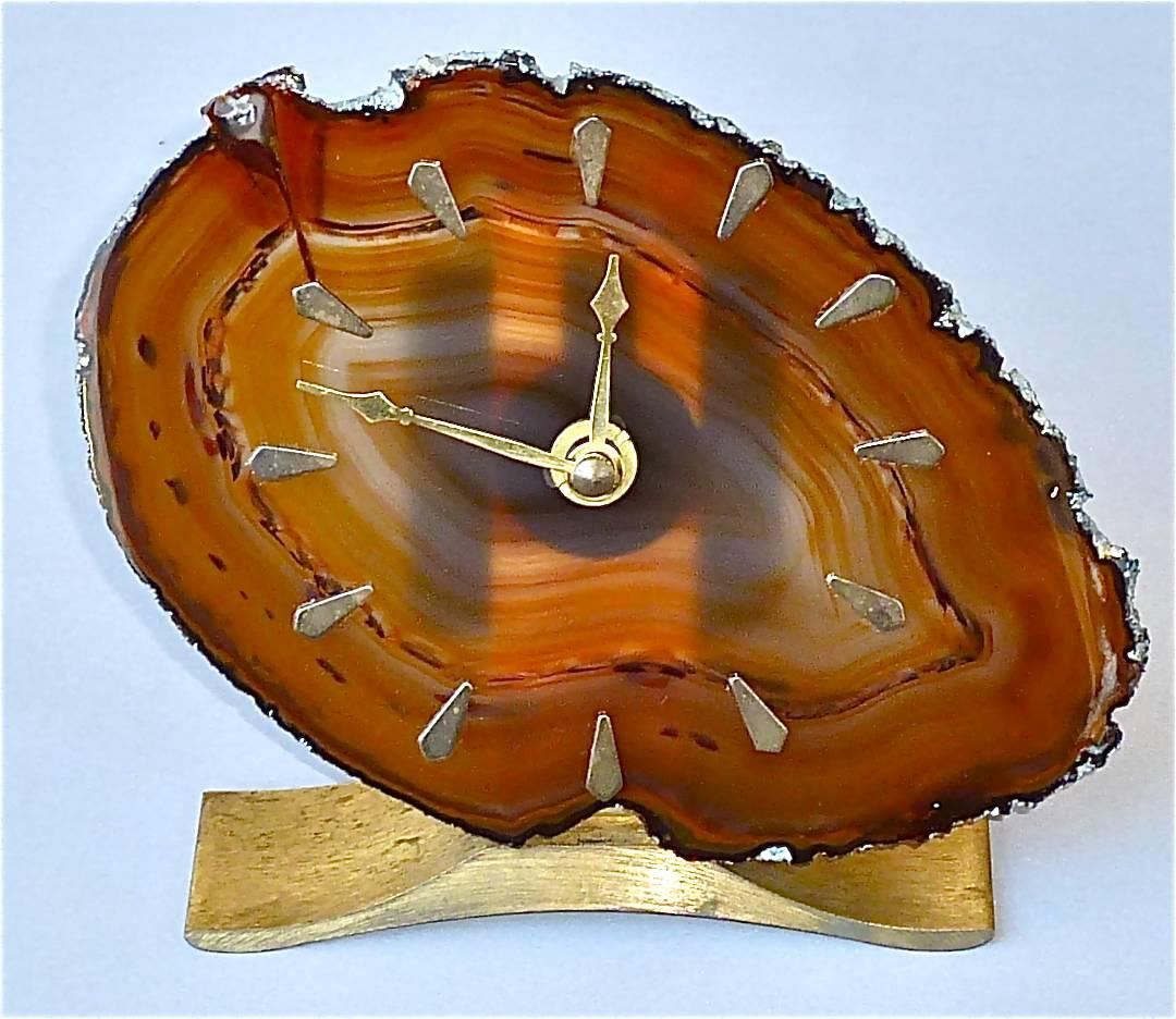 Table Clock Willy Daro Attribution Amber White Agate Brushed Brass Junghans 1970 For Sale 3