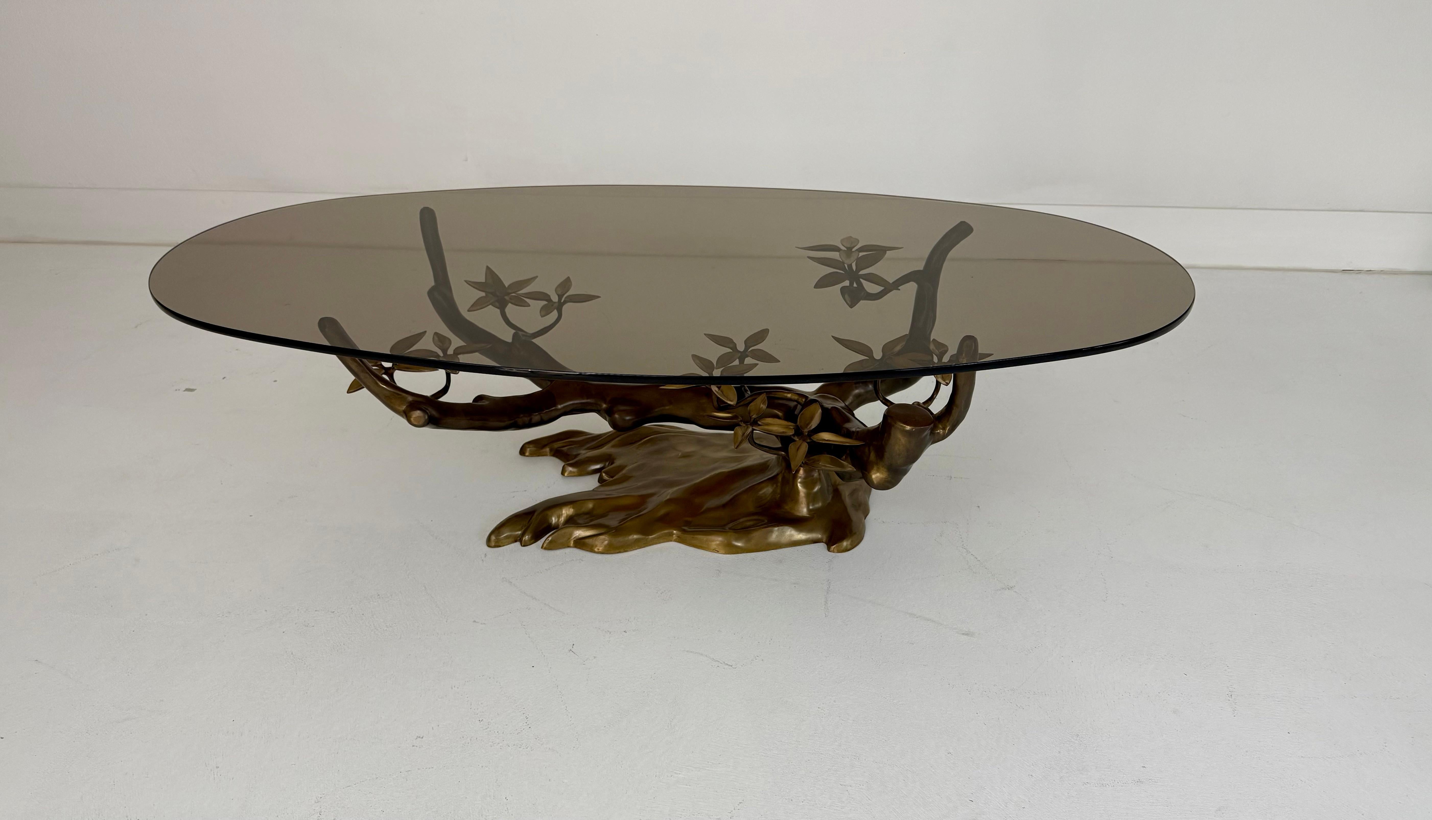 Mid-Century Modern Willy Daro Bonsai Cocktail Table, Patinated Brass, Smoked Glass, Belgium, 1970s For Sale