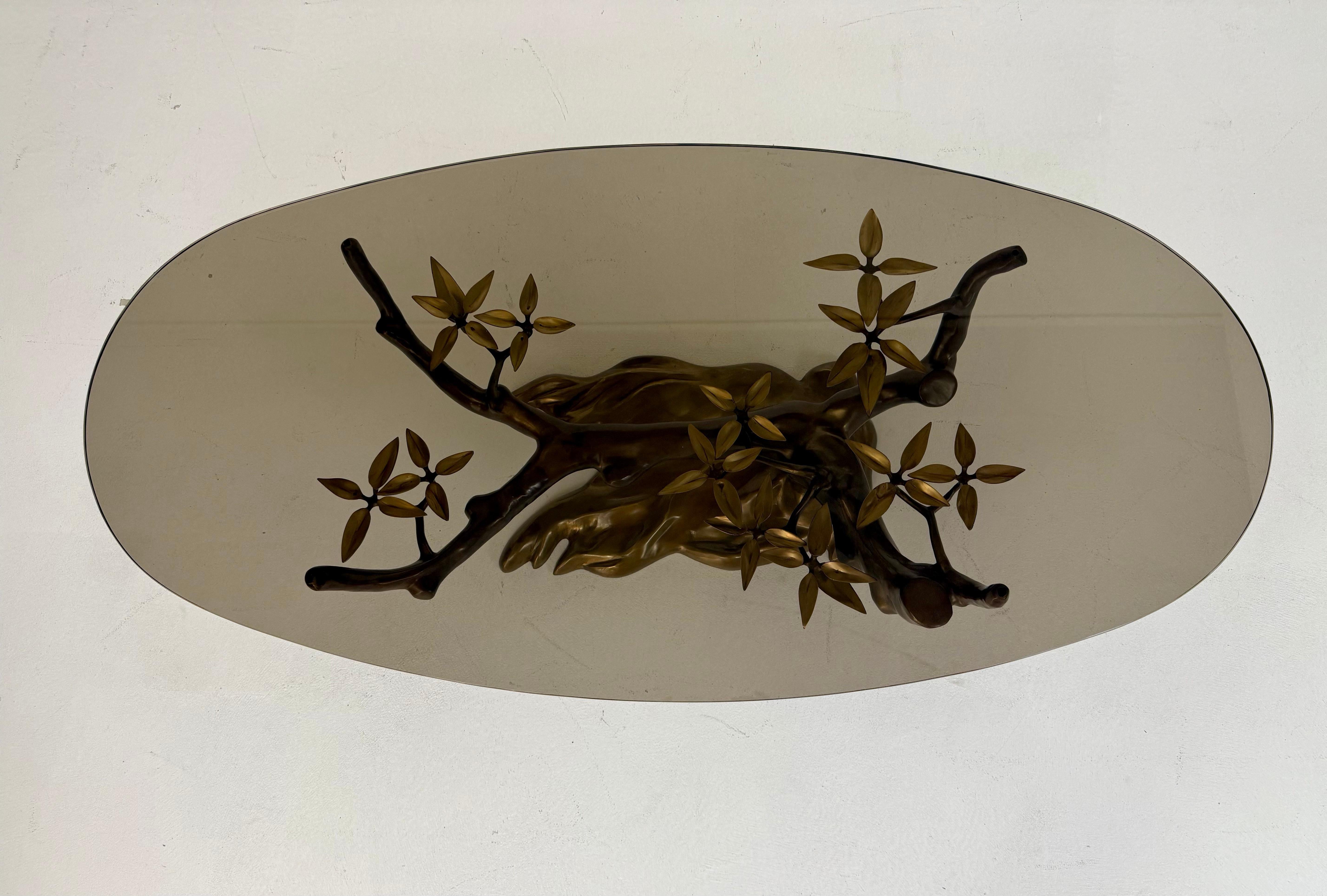 Willy Daro Bonsai Cocktail Table, Patinated Brass, Smoked Glass, Belgium, 1970s In Good Condition For Sale In Palm Desert, CA
