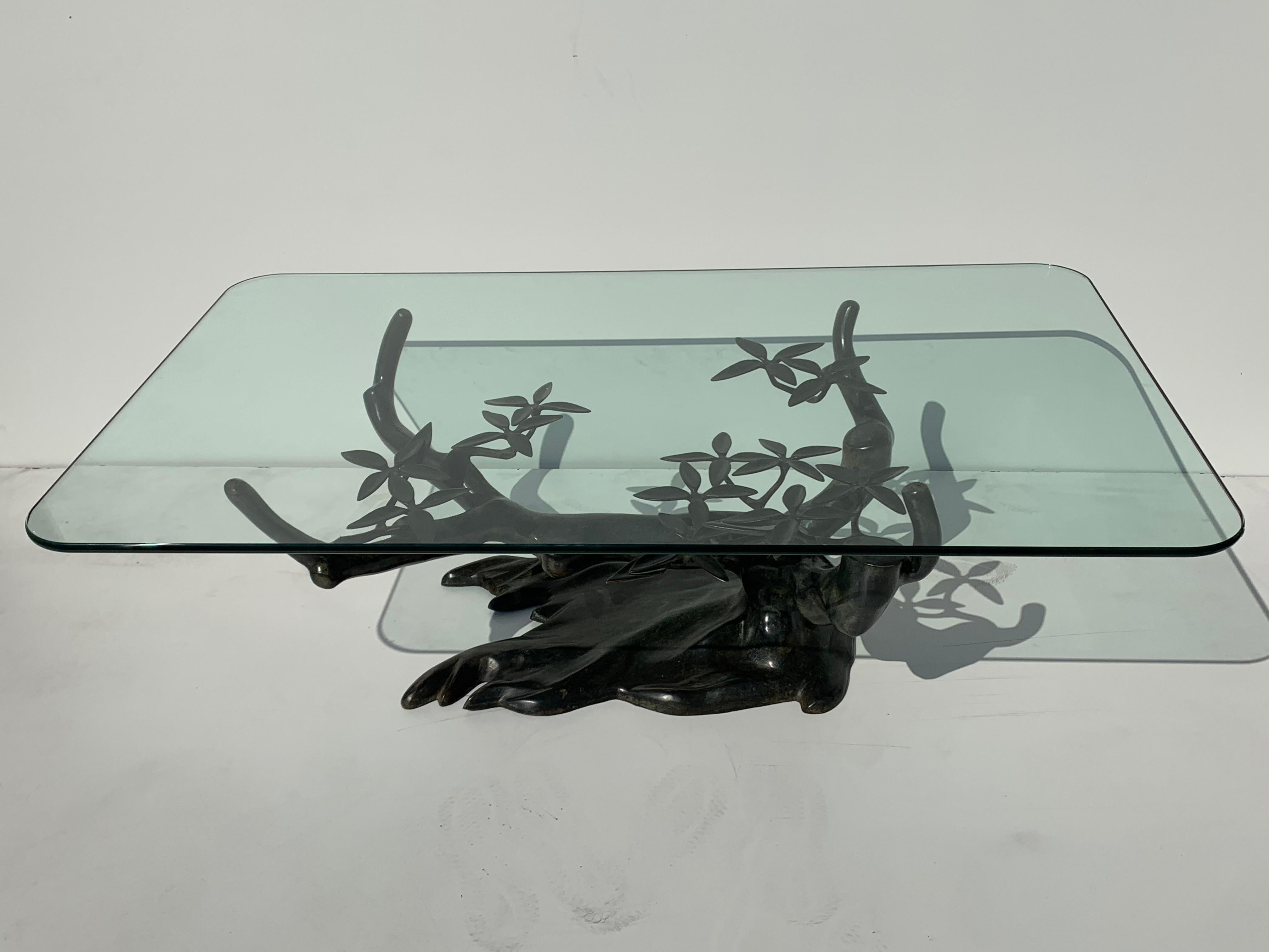 Willy Daro bonsai tree brass coffee table in patinated bronze finish. Glass top shown is half inch thick 30
