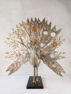 Willy Daro Brass and Agate Peacock Table Lamp Large
