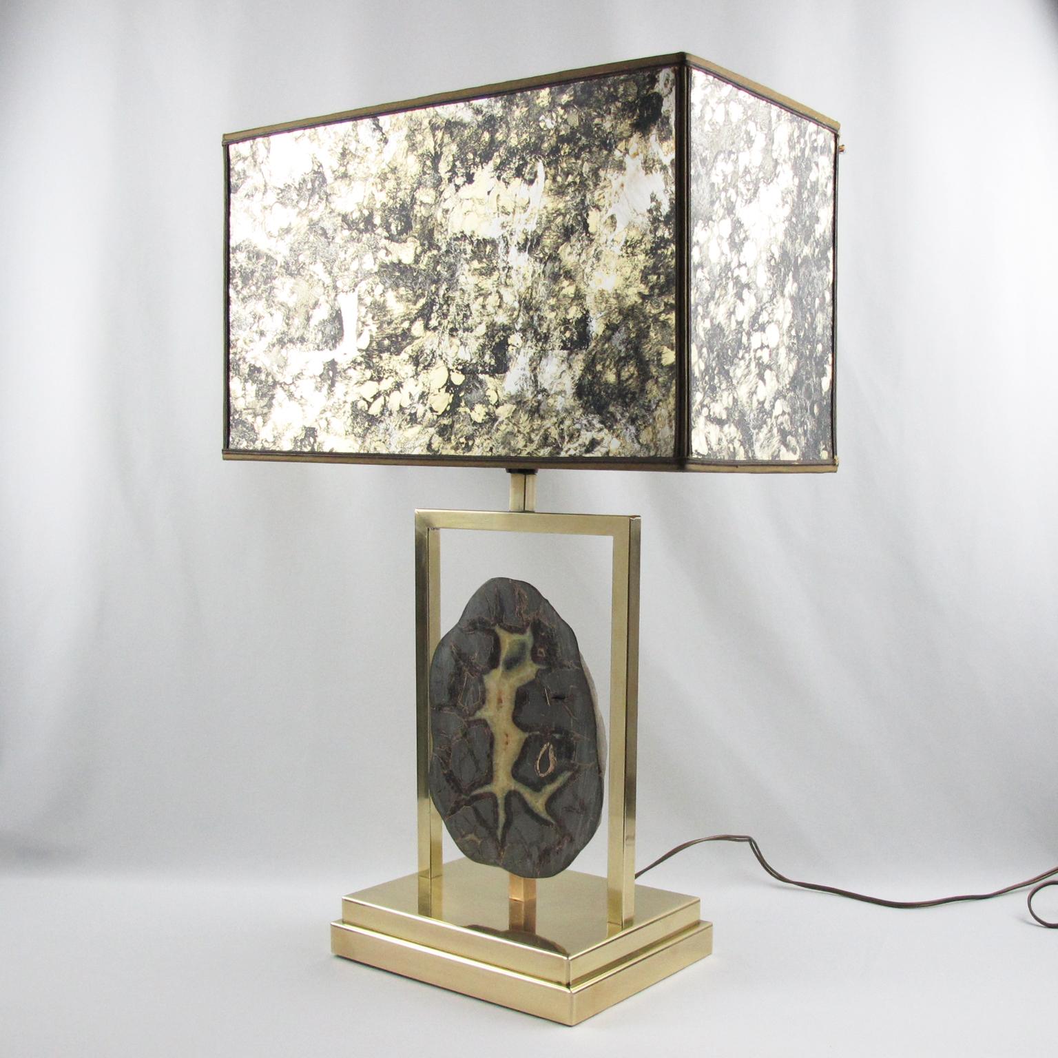 Willy Daro Brass and Geode Stone Table Lamp, 1970s For Sale 4
