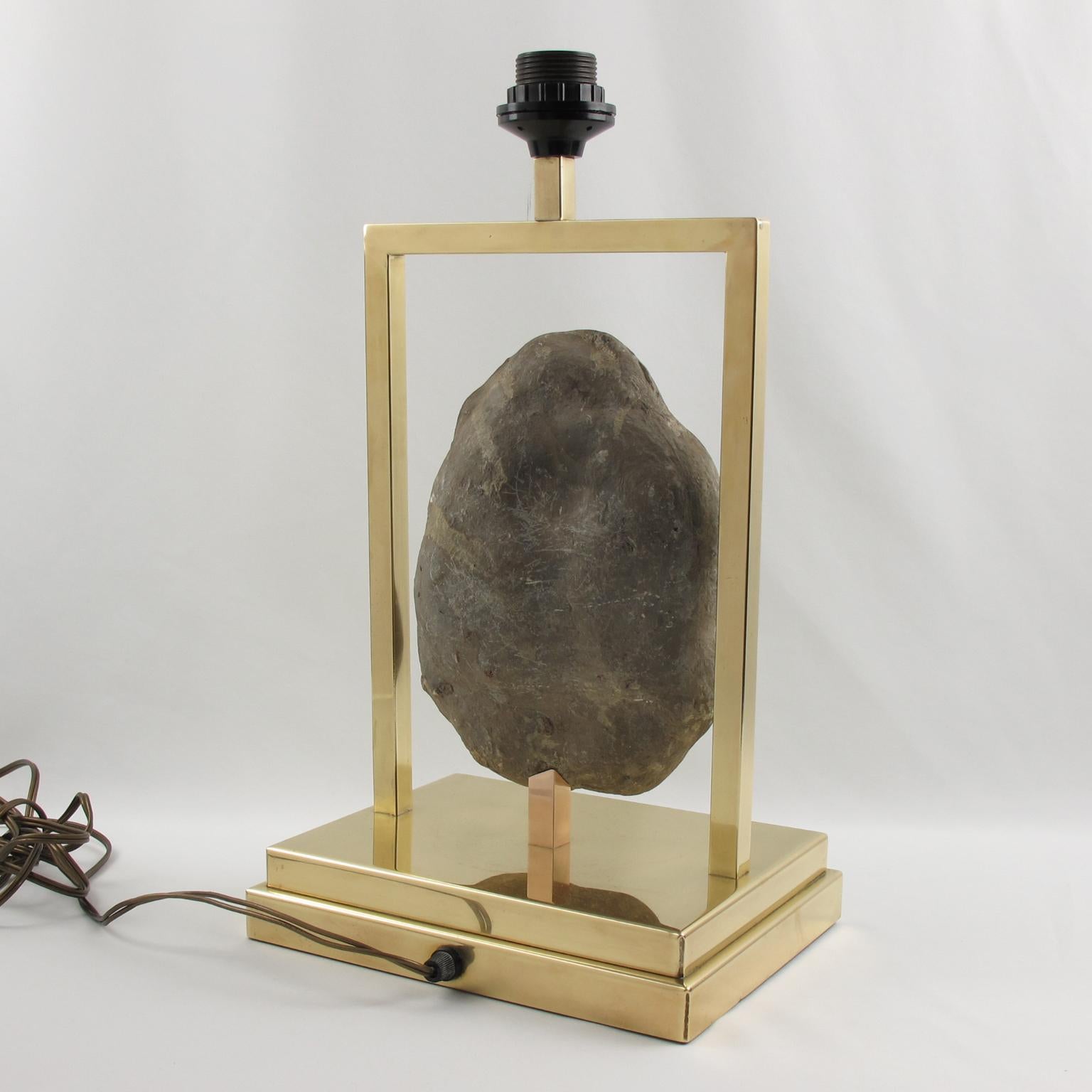 Metal Willy Daro Brass and Geode Stone Table Lamp, 1970s For Sale