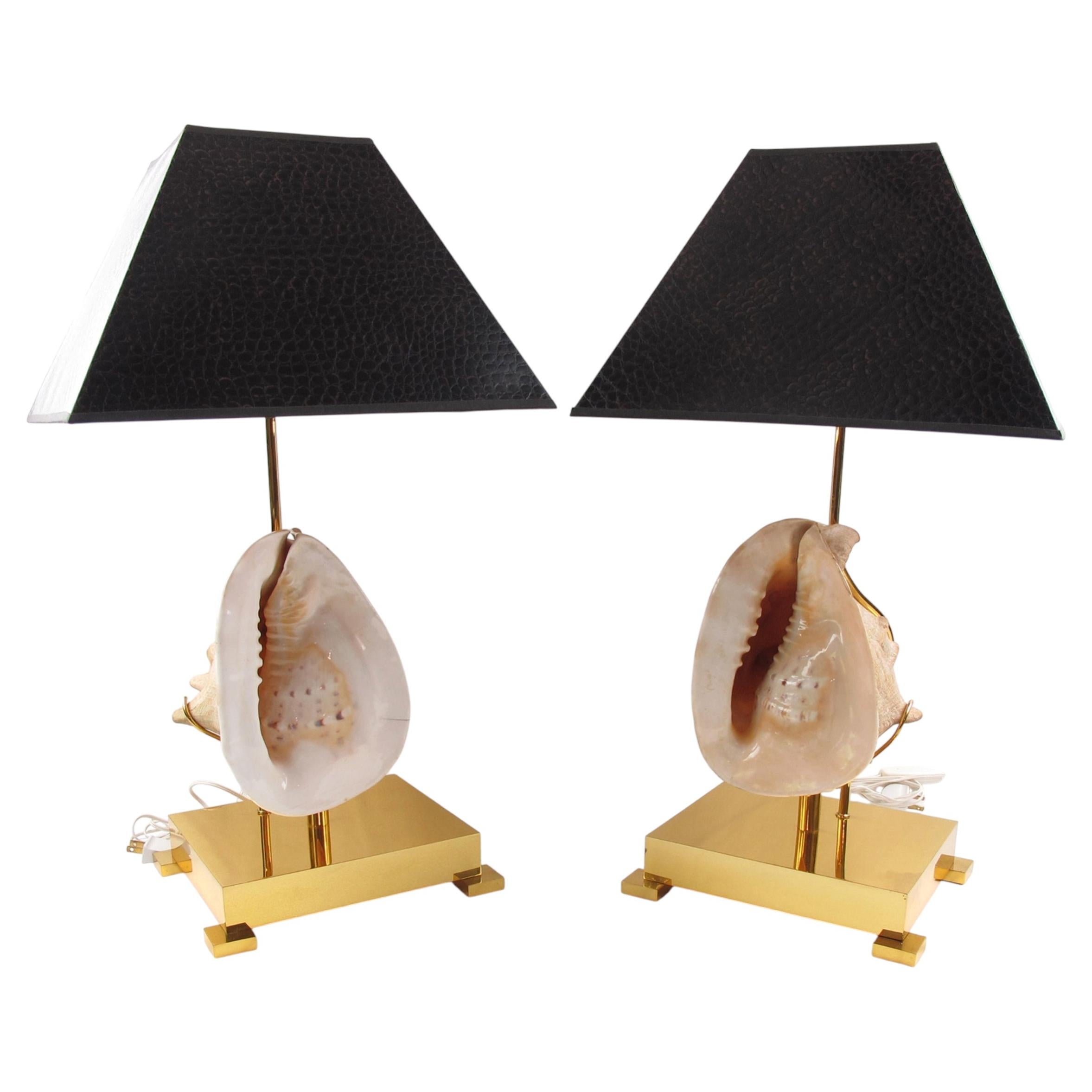 Willy Daro Brass and Seashell Table Lamps, 2 pieces, circa 1970 For Sale
