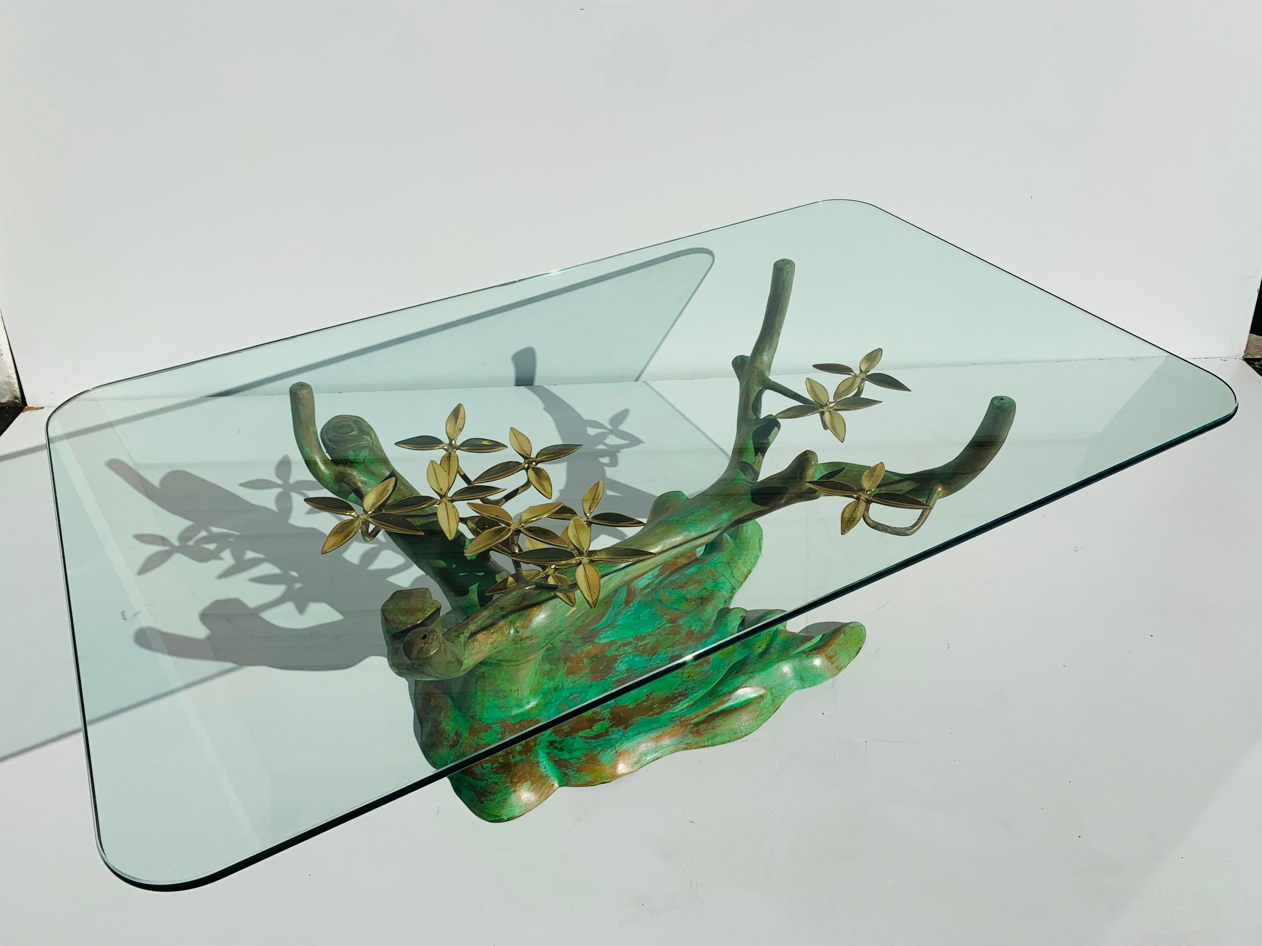 Will Daro brass bonsai tree coffee table base in Verdigris patina. Glass top shown is half inch thick, 30