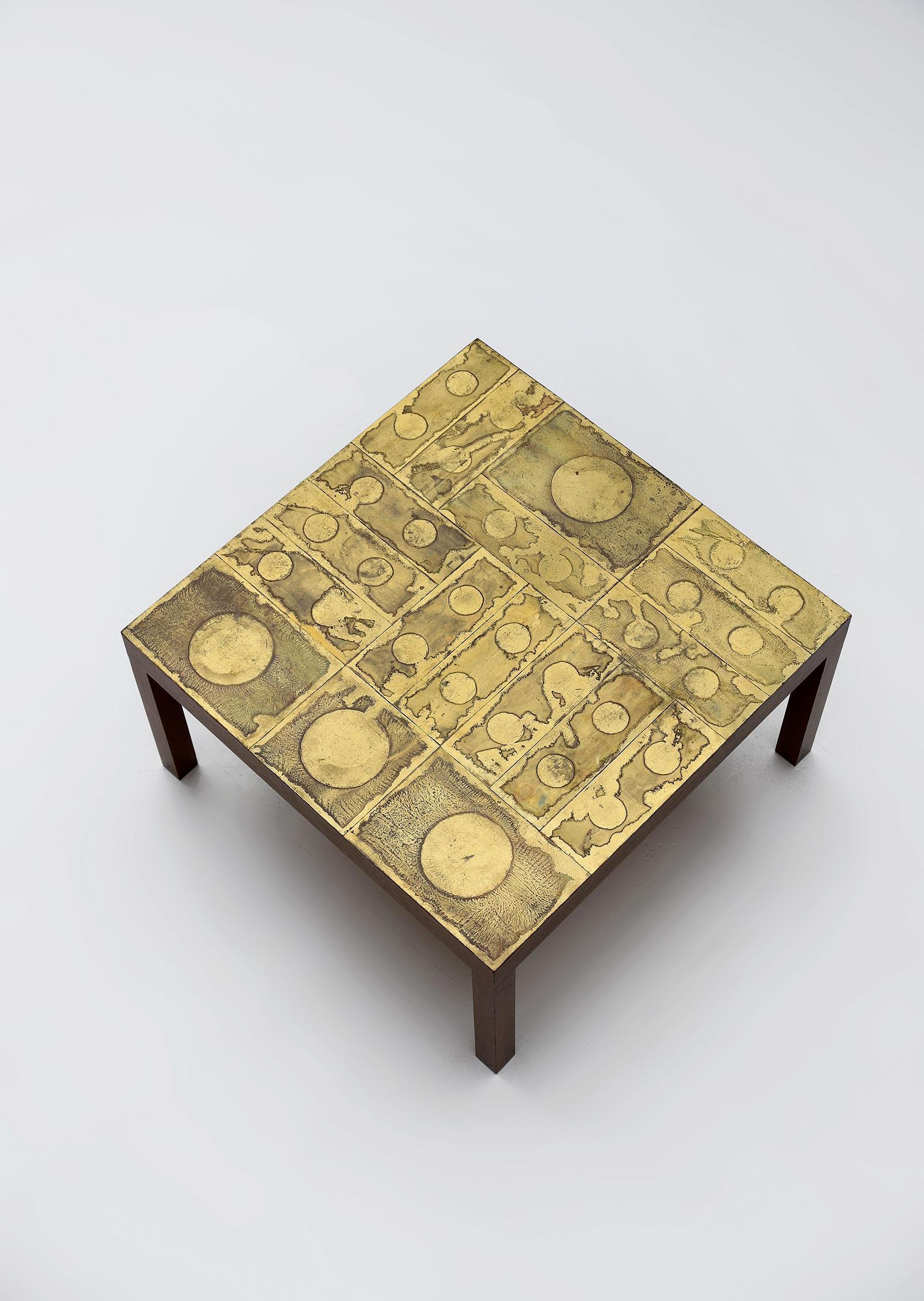 20th Century Willy Daro Brass Etched Coffee Table 1970s with Wooden Frame and Brass Top For Sale