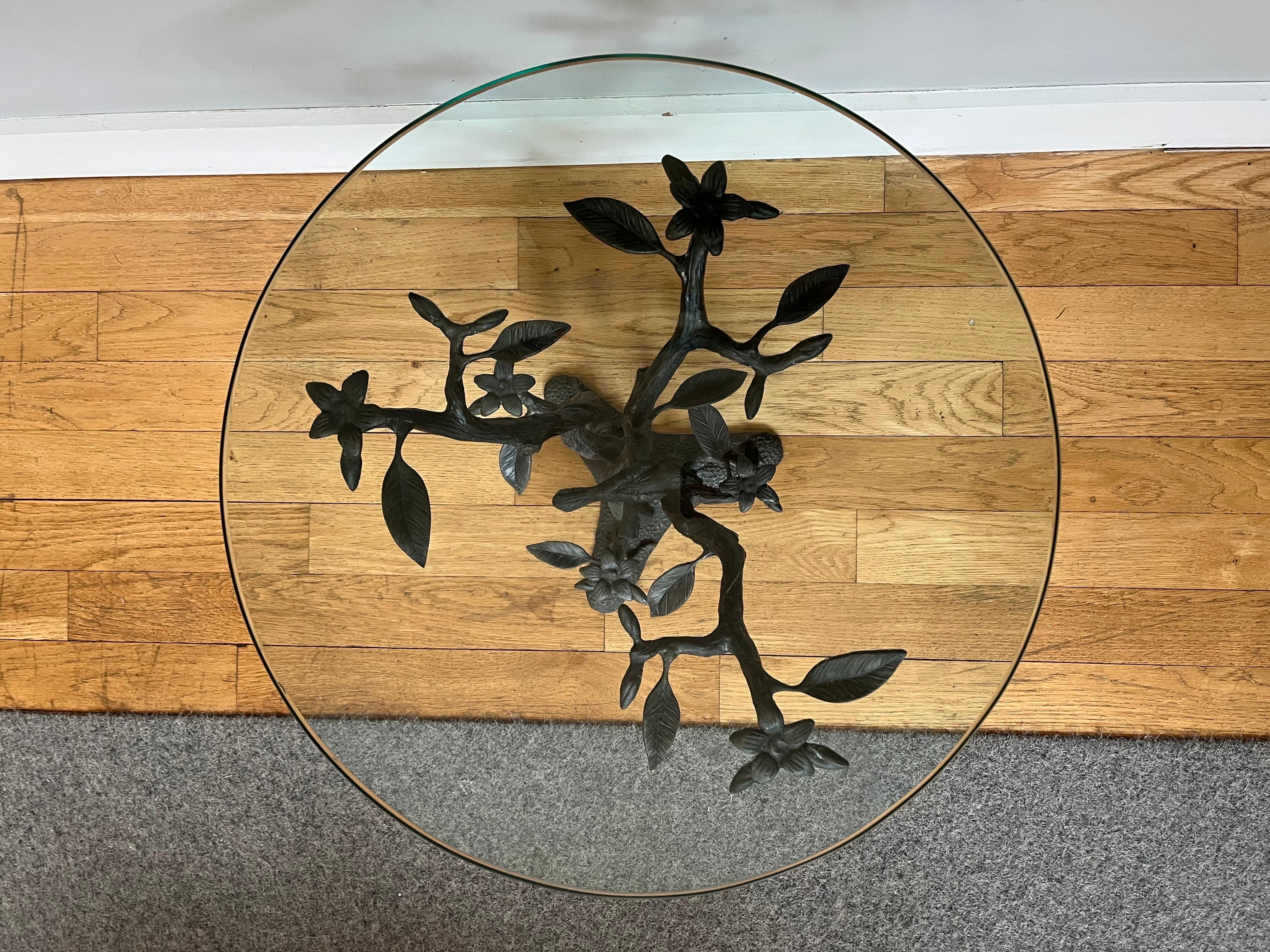 Hollywood Regency Willy Daro Brass & Glass Tree & Bird Sculptural End Table