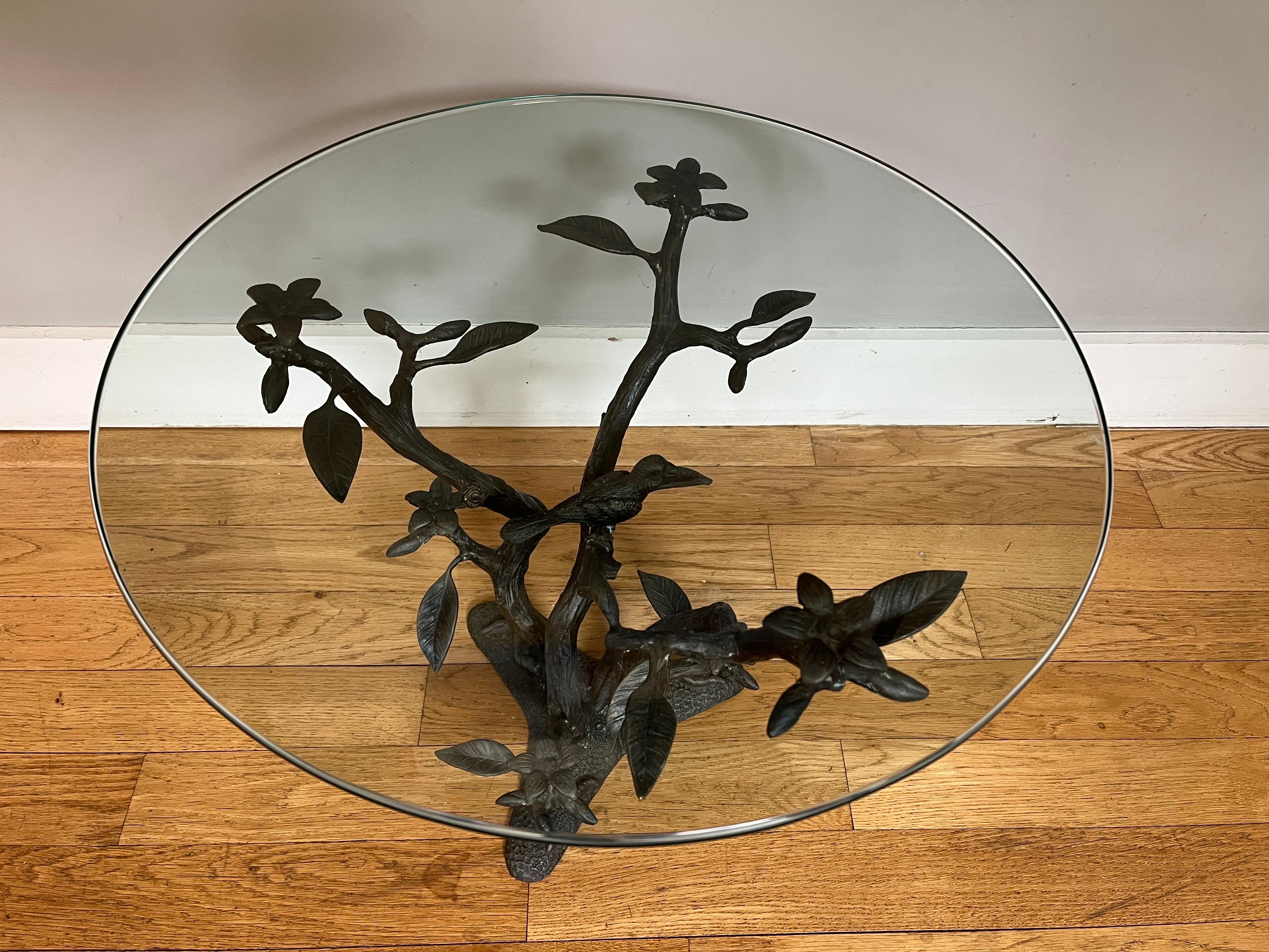 Belgian Willy Daro Brass & Glass Tree & Bird Sculptural End Table