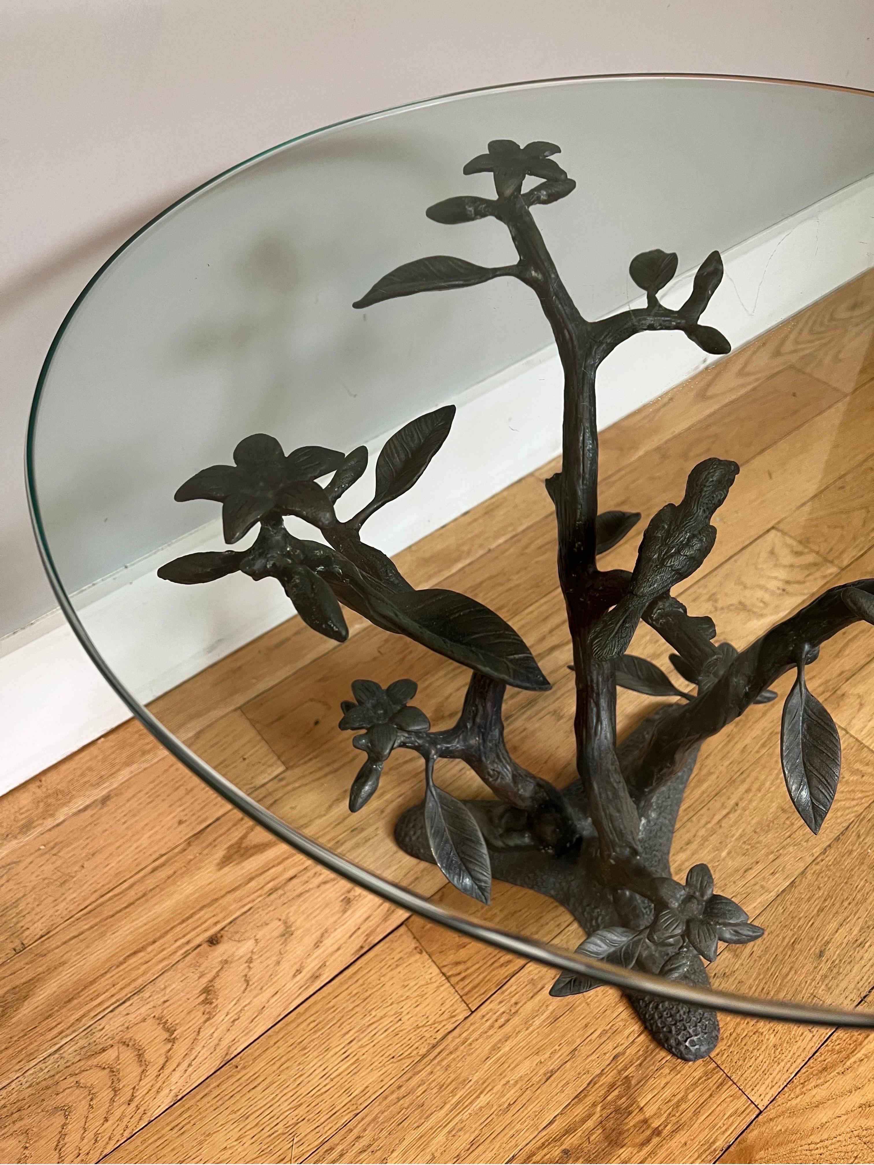 Willy Daro Brass & Glass Tree & Bird Sculptural End Table In Good Condition In Philadelphia, PA